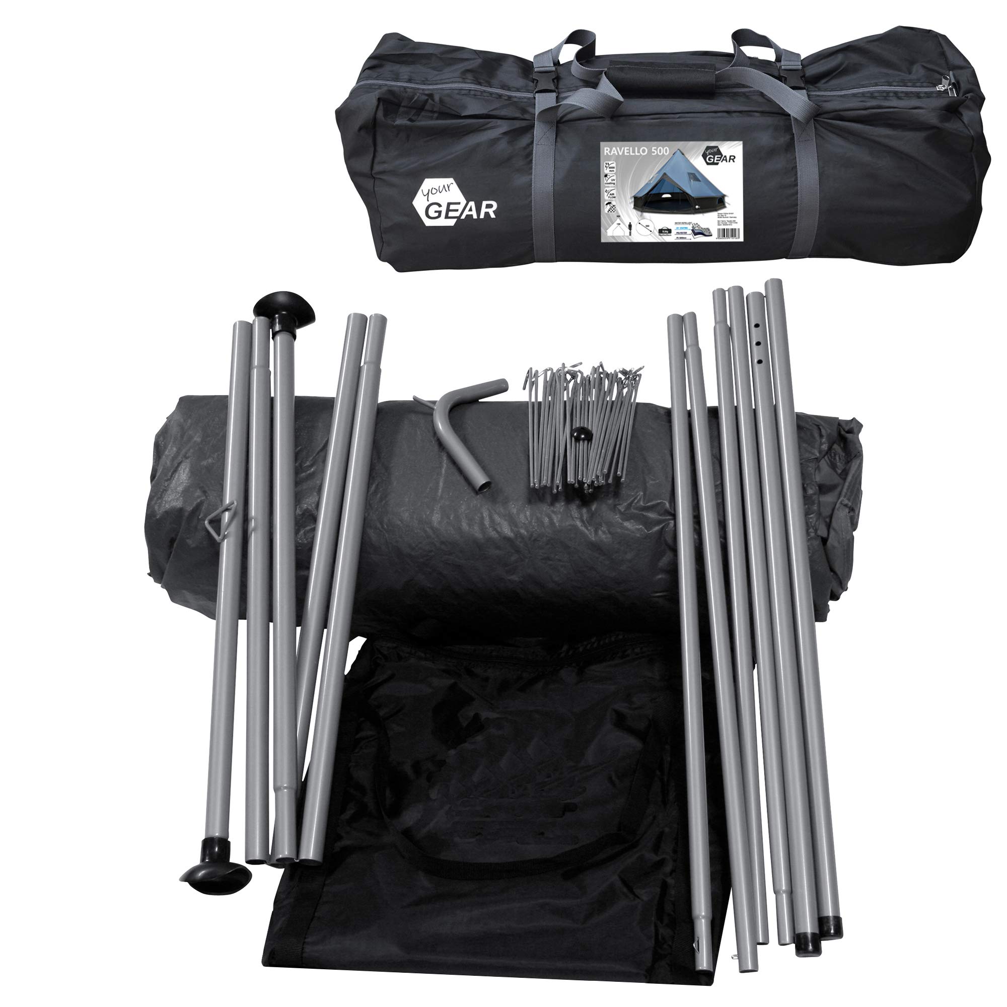 your GEAR Tienda de campaña Ravello Tipi en 2 tamaños para 4-8 personas, tienda familiar con 400 cm o 500 cm de diámetro, tienda de campaña con columna de agua de 5000 mm, protección UV 50+, suelo