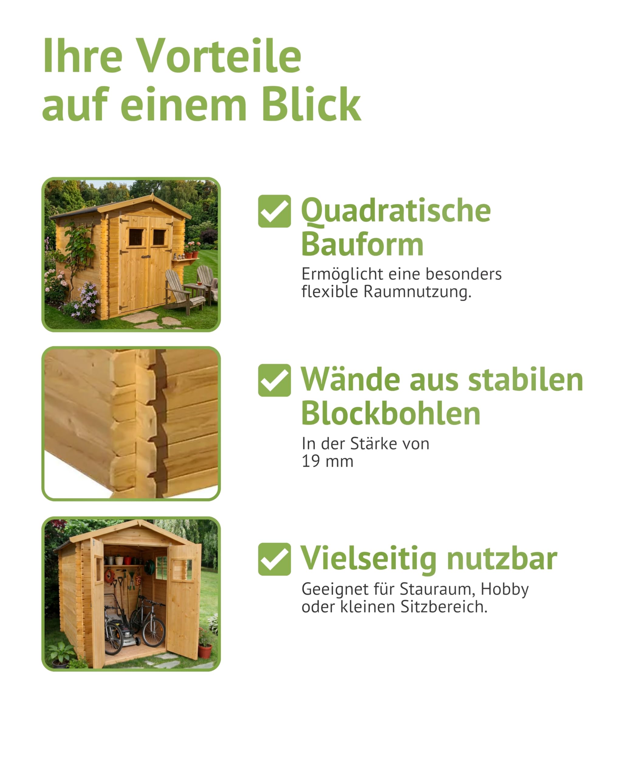 Steiner Shopping Gartenhaus Wien 19 mm I Holz 200x200 cm I Blockbohlen Gartenhaus mit Doppeltür I Gerätehaus Holz groß für 4 m² Nutzfläche I Robuster Geräteschuppen für Gartengeräte