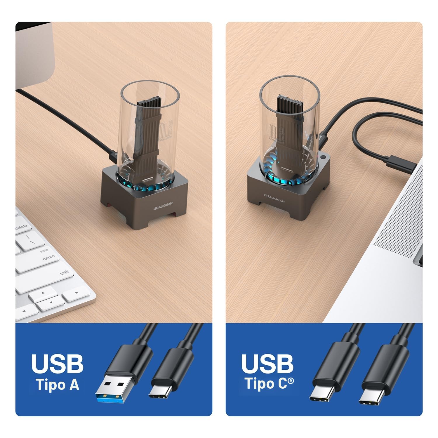 GRAUGEAR Docking Station per SSD M.2 NVMe & NGFF, RTL9210B, USB3.2 Gen2 10Gbps, Ventola Silenziosa 50mm, senza attrezzi