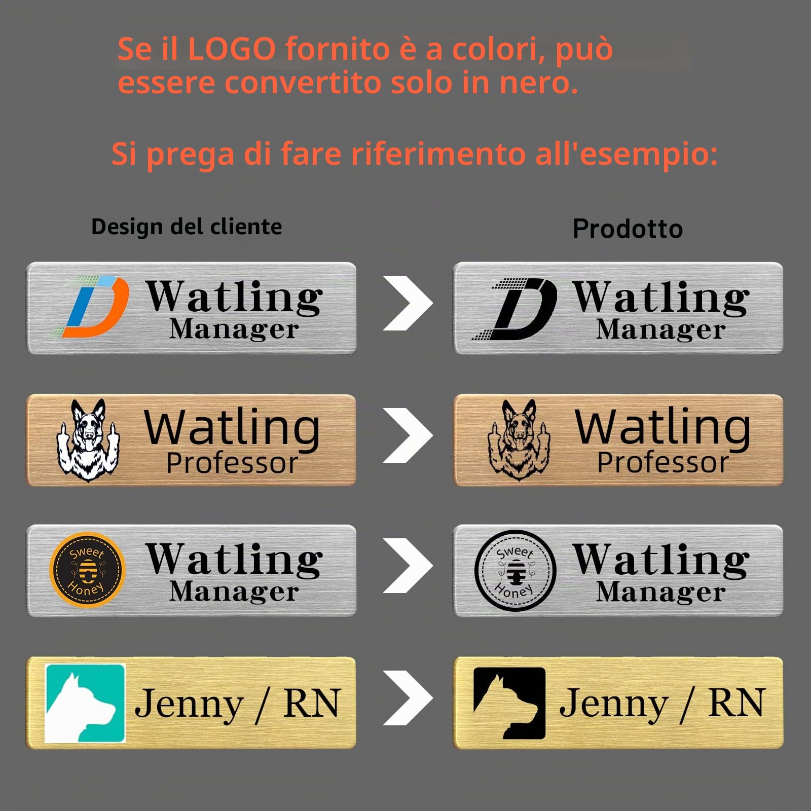 Targhetta identificativa personalizzabile in metallo con incisione laser, magnetica, adesivo, spilla