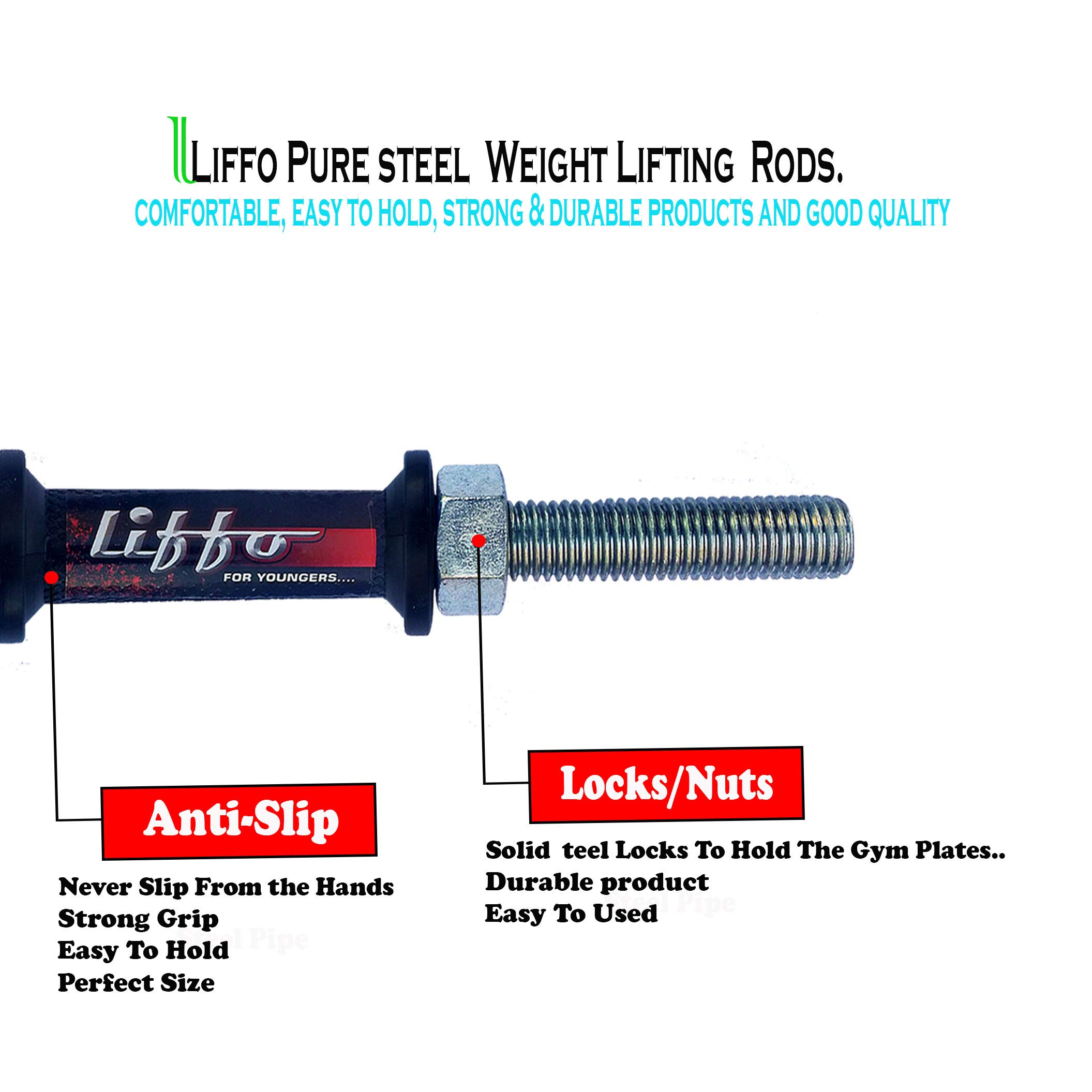 Liffo® Dumbbell Rod with Pure Steel Nuts Weight Lifting Bar Heavy Duty Workout (Pack of 2 Pcs) 2