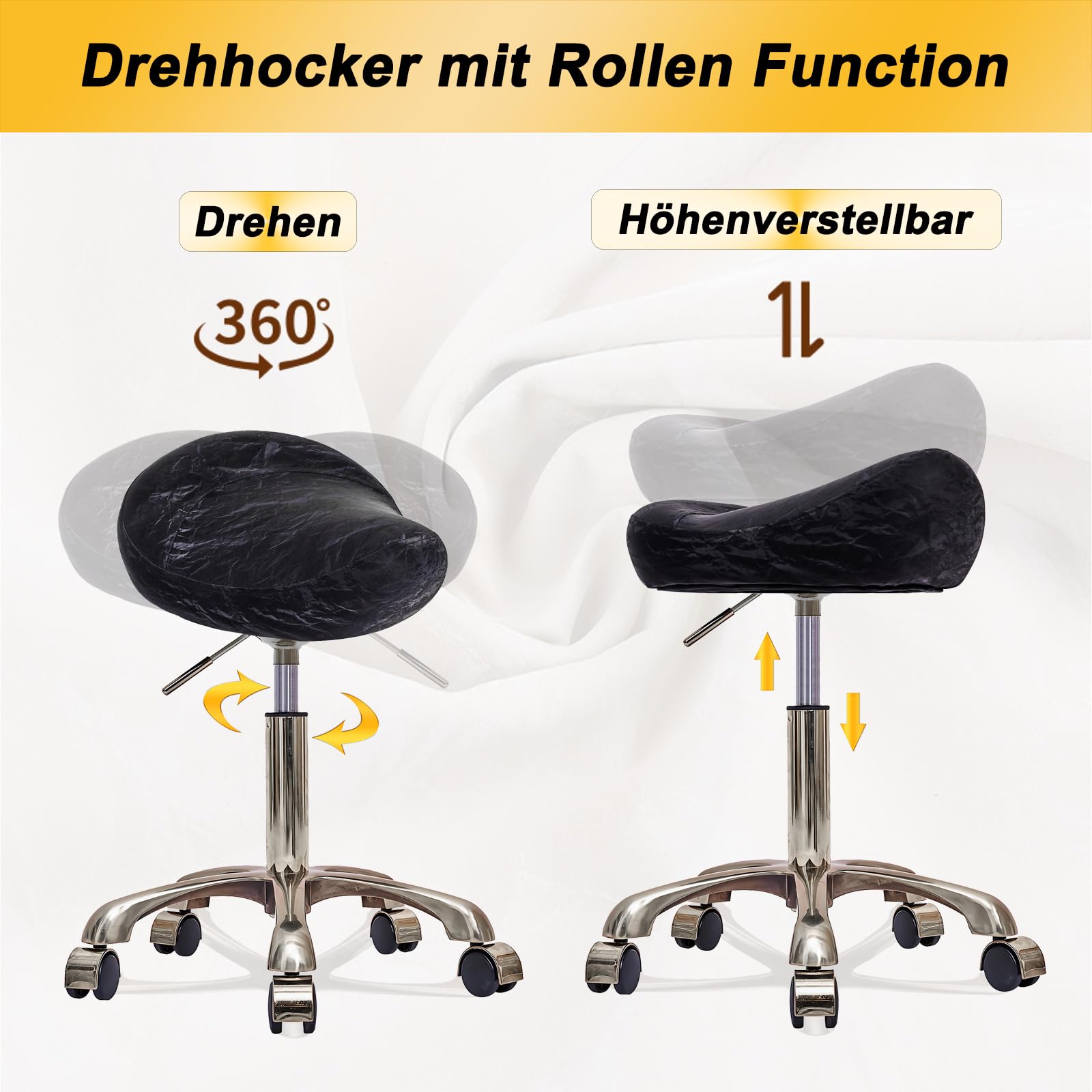 Taburete de Montar, Ergonómico Taburetes con Ruedas Altura Ajustable, Giratorias PU Cuero Giratorias Silla para Peluquería y Tatuajes (Plateado + Negro, Sin Espalda)