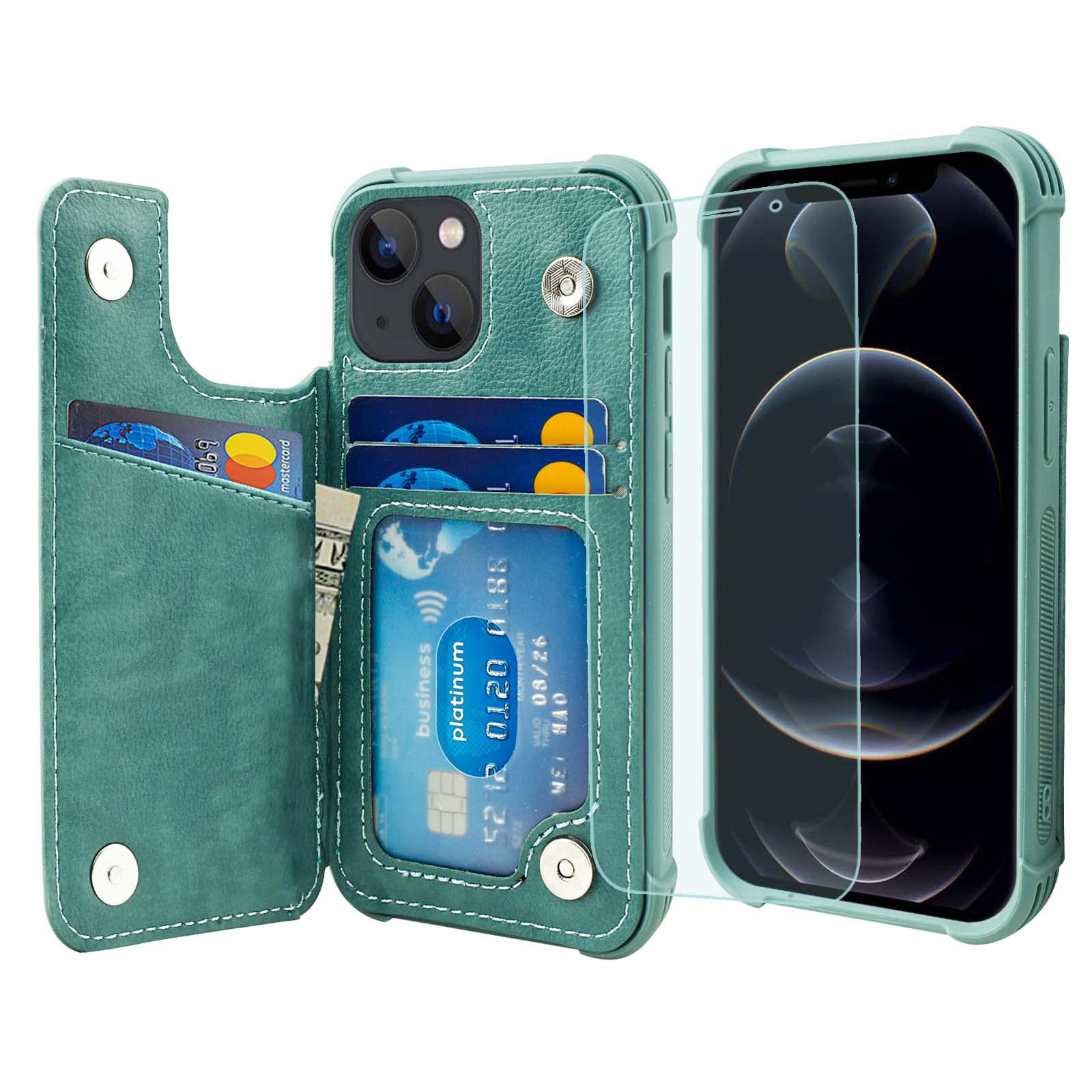 VANAVAGY Compatible for iPhone 13 Wallet Case for Women and Men,Leather Flip Folio Phone Cover Fits Magnetic Car Mount with Credit Card Holder,Forest Green