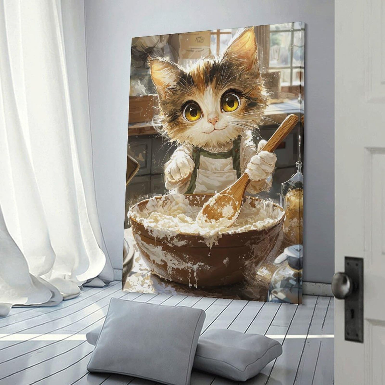 Junmoney Decorative Wall Artwork Cat Baking with Wooden Spo, 16x24inch(40x60cm), for Lounge, Bedroom Or Personal Spaces, Thoughtful Wall Decor for Art Lovers