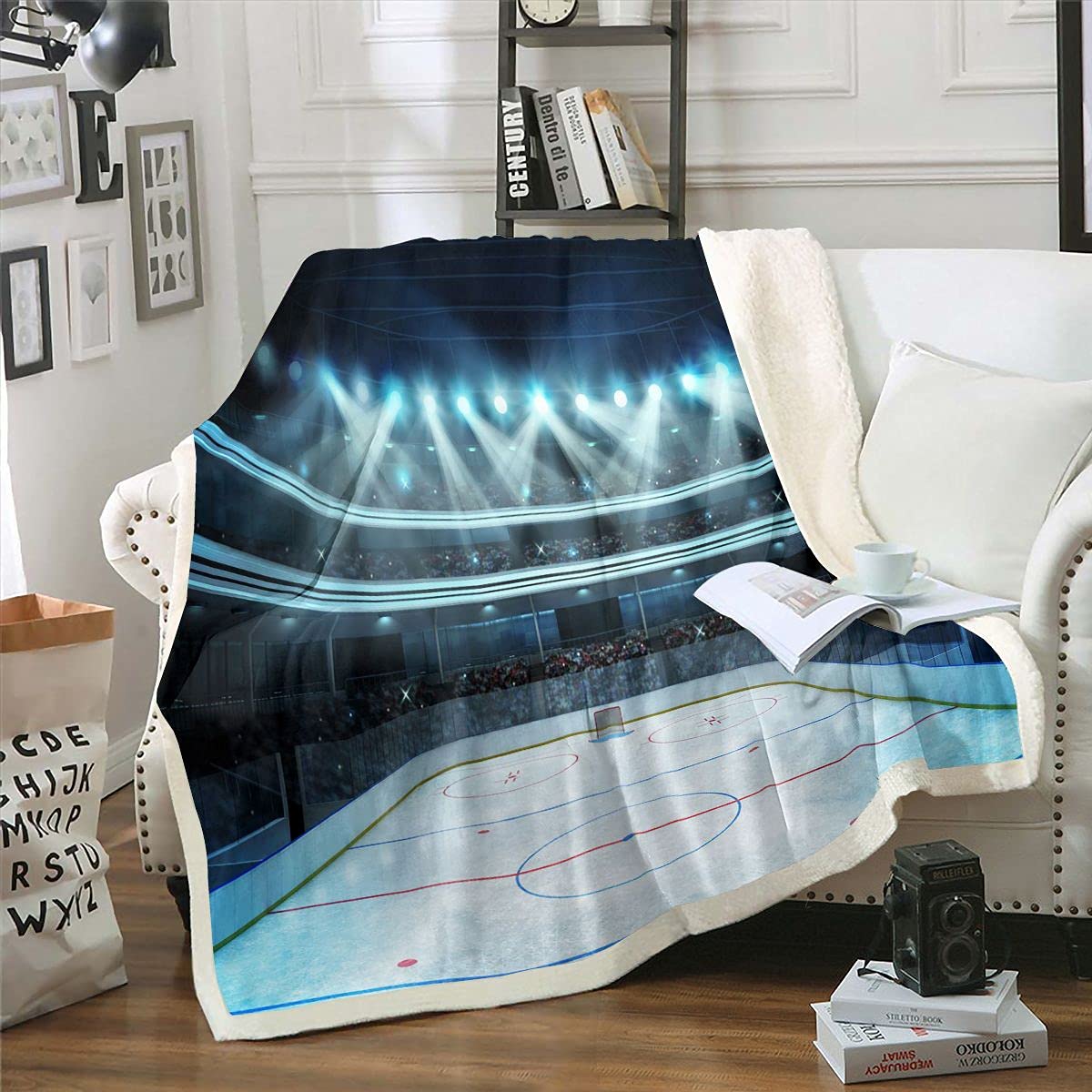Homemissing Multi 1 Hockey Stadium Sherpa Blanket Kids Sport Theme Plush Blanket Ice Rink Sport Arena Fuzzy For Sofa Bed,Double 60X79 Inch