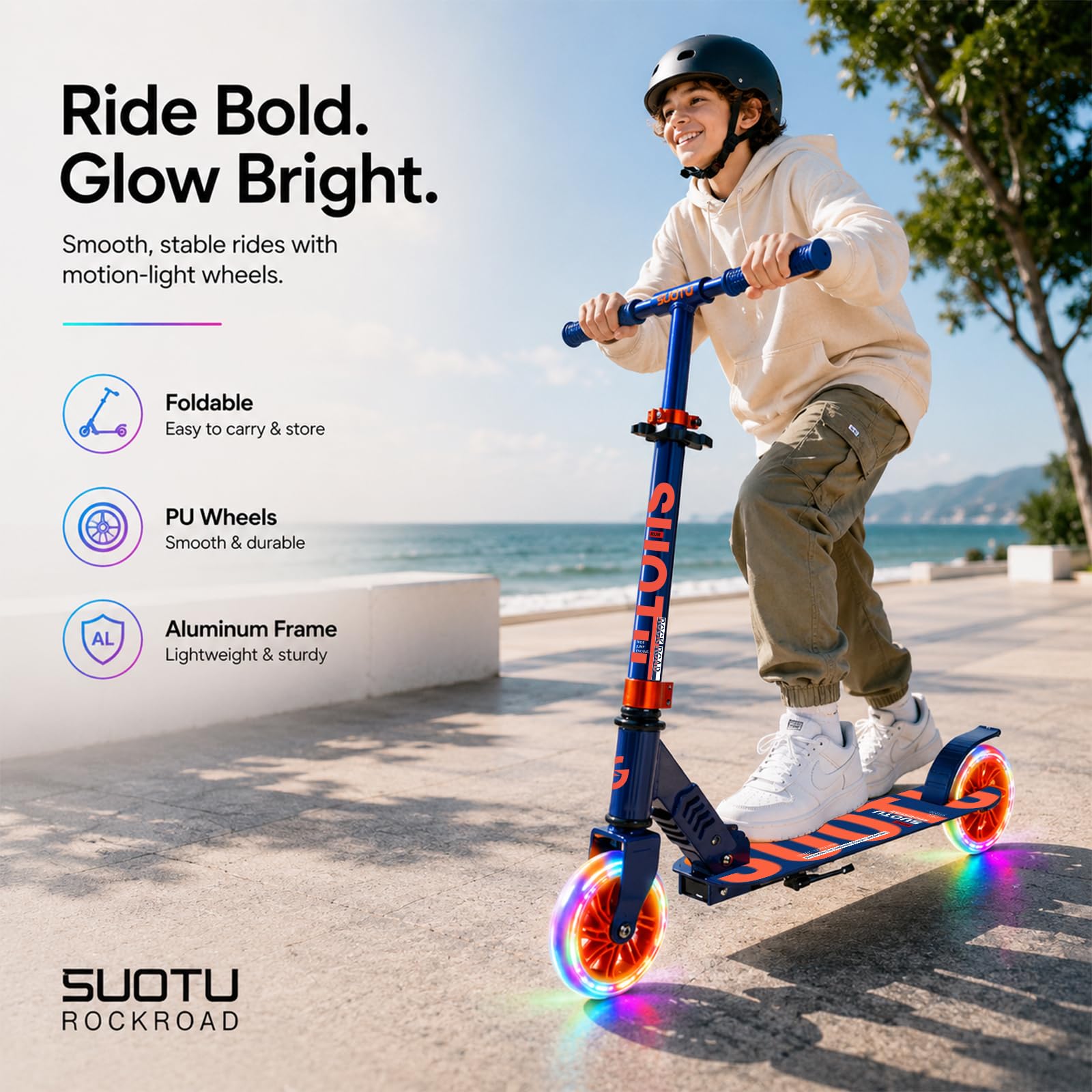 Monopattino con Ruote luminose da 145 mm, Capacità: 100 kg, Pieghevole, Regolabile in Altezza, Scooter per Bambini 3-12 Anni, Alluminio