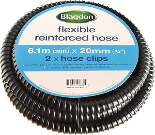Blagdon Flexible Reinforced Pond Tubing, 6.1m (20ft) x 20mm (3/4”) Internal Diameter, Smooth-bore PVC Pond Tubing, Includes 2 stainless steel Hose Clamps, Corrugated, Tough and Strong Tubing