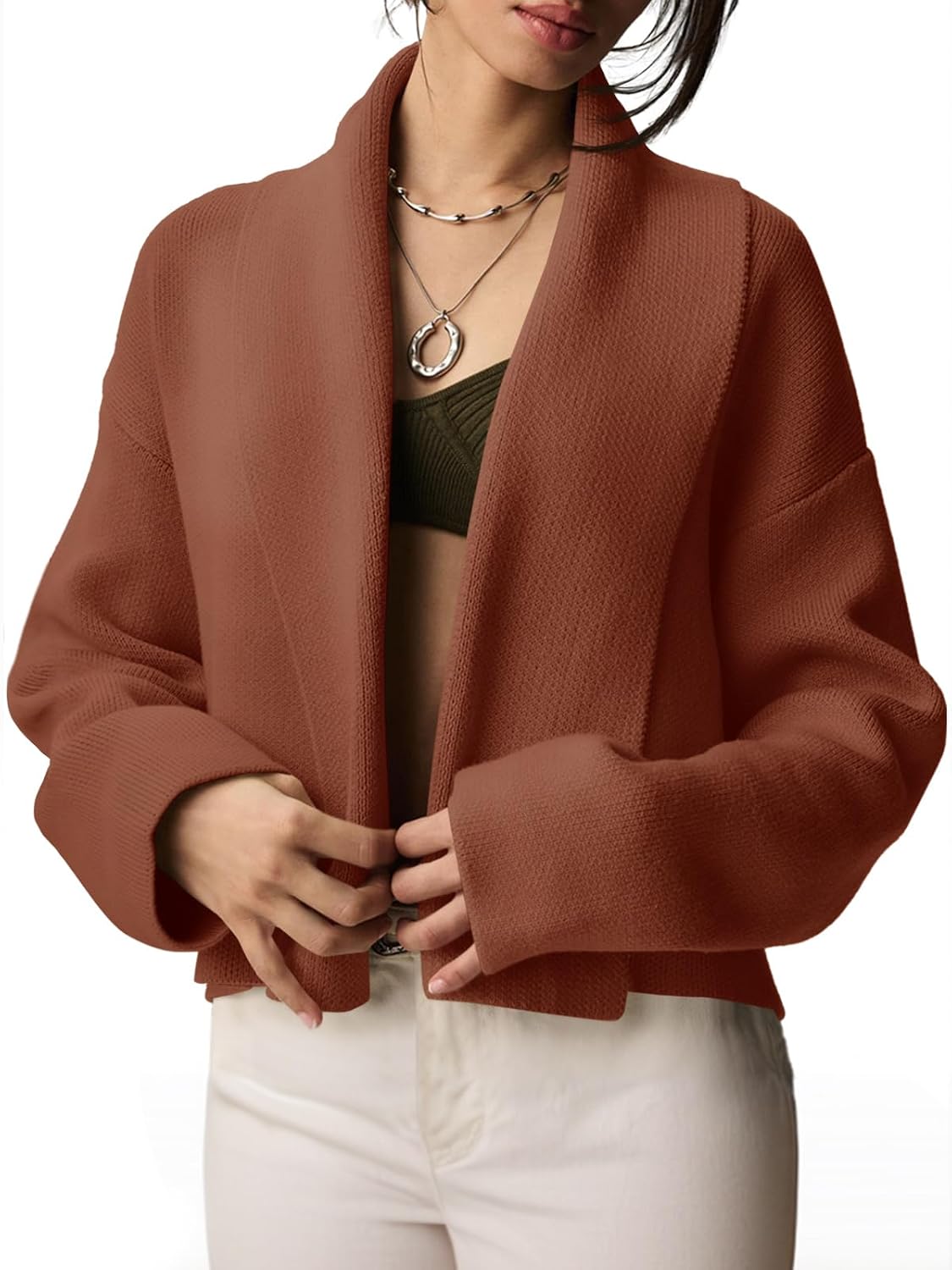 Saodimallsu Womens Cropped Cardigan Open Front Shawl 2026 Fall Trendy Long Sleeve Sweater Jacket