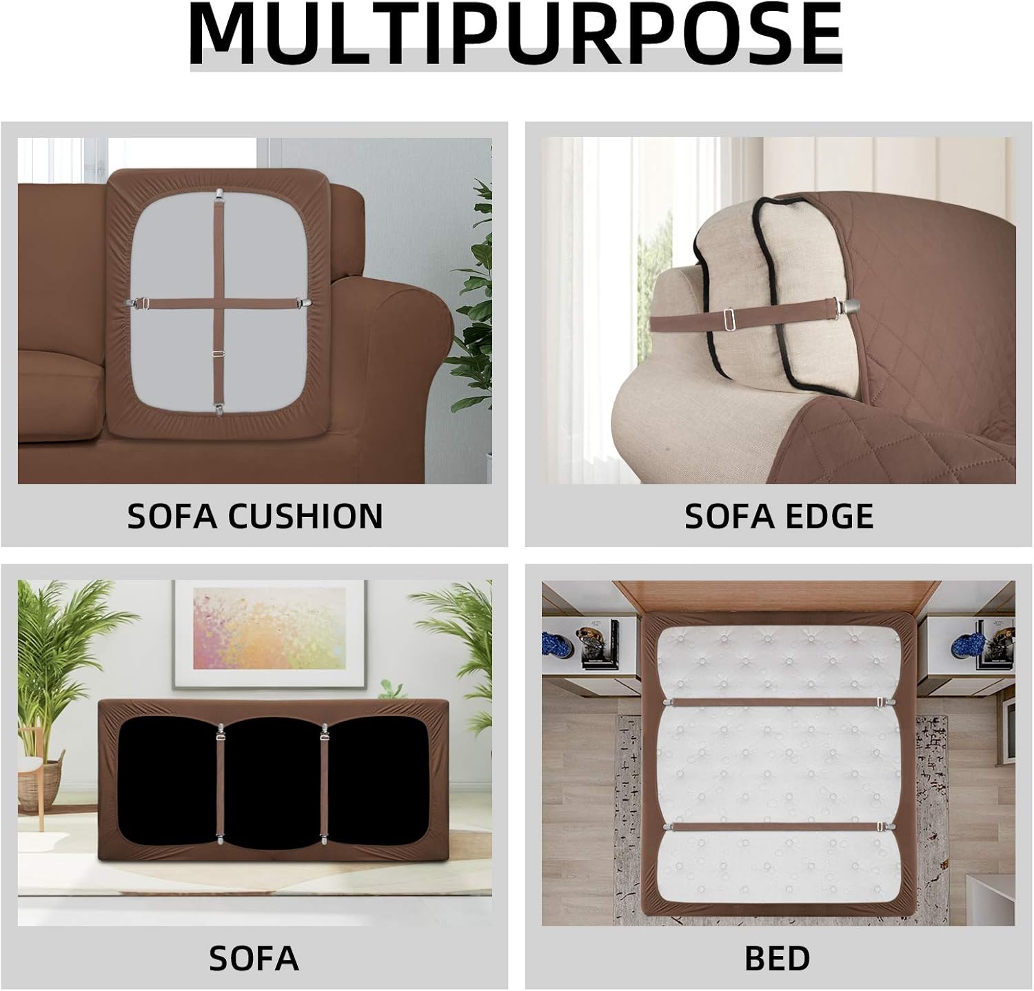 Easy-Going 2Pcs Adjustable Sofa Slipcover Straps Clips,25inch， Elastic Bed Mattress Sheet Fasteners Holder and Suspenders, Grippers to Hold Sheet, Mattress Cover, Couch Cushion, Table Cloth (Brown) : Home & Kitchen
