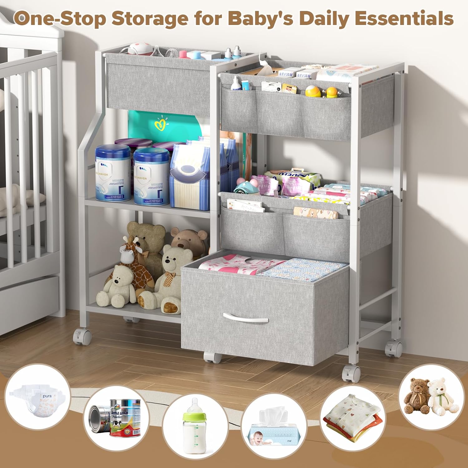 Baby Diaper Caddy Organizer and Storage, 3 Tier Rolling Cart with Dividers and Drawers, Mobile Utility Cart with Wheels for Nursery, Bedroom, Baby Newborn Essentials Storage Cart, White