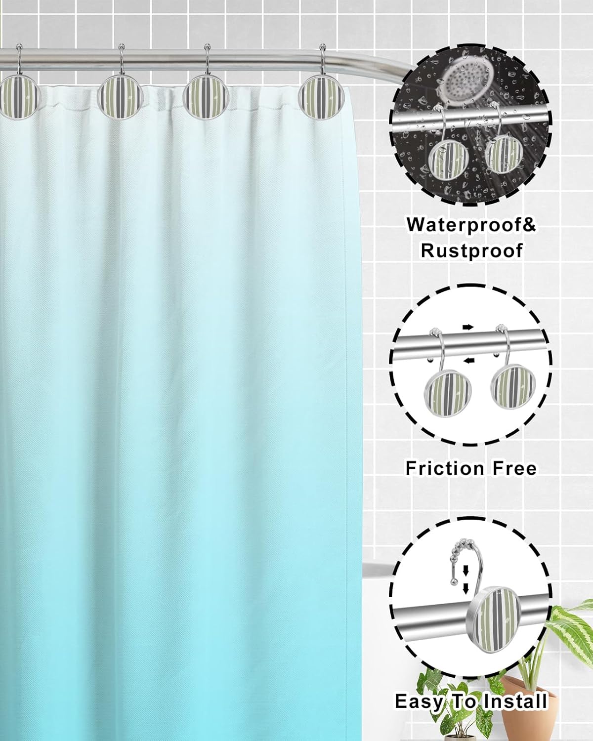 Stripes Shower Curtain Hooks, Green Grey 12PCS Shower Curtain Hooks Rings for Bathroom Stainless Steel Rust Resistant Shower Curtain Hangers