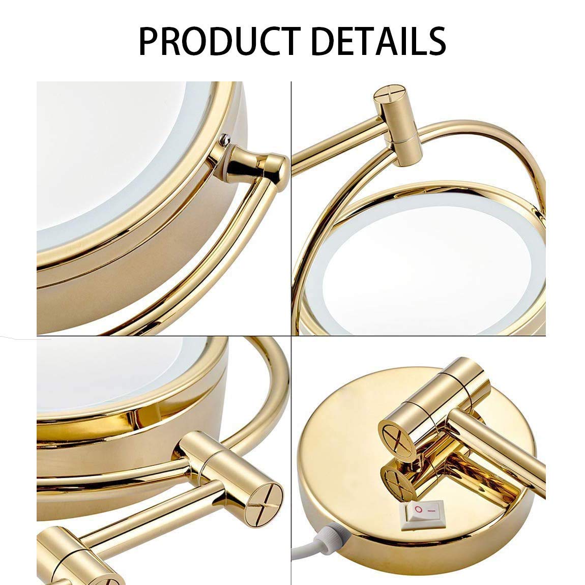Specchio per Trucco a Parete con ingrandimento 3X, Specchio cosmetico ingranditore con luci a LED, Collo di Cigno Flessibile e aspirazione di bloccaggio, Bracci