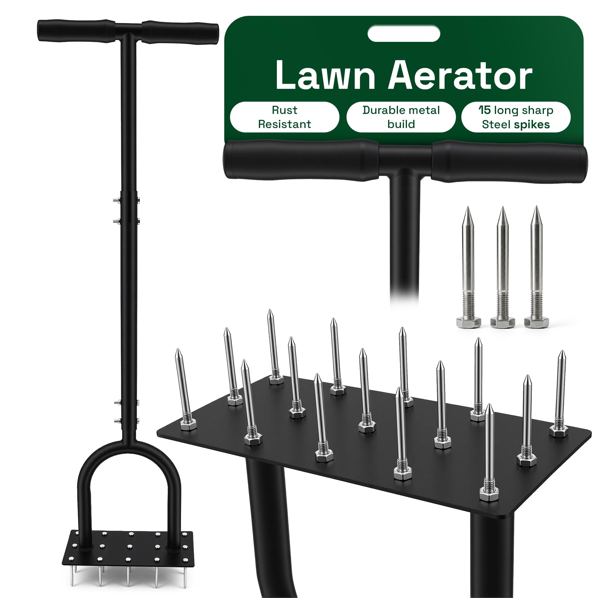 My Garden Lawn Aerator Tool with 15 Spikes Built-in with 3 Extra Spikes - 98cm Long Manual Lawn Spike Aerator with T-Handle, Steel Lawn Aerating Tool for Healthier Grass & Improved Soil Drainage