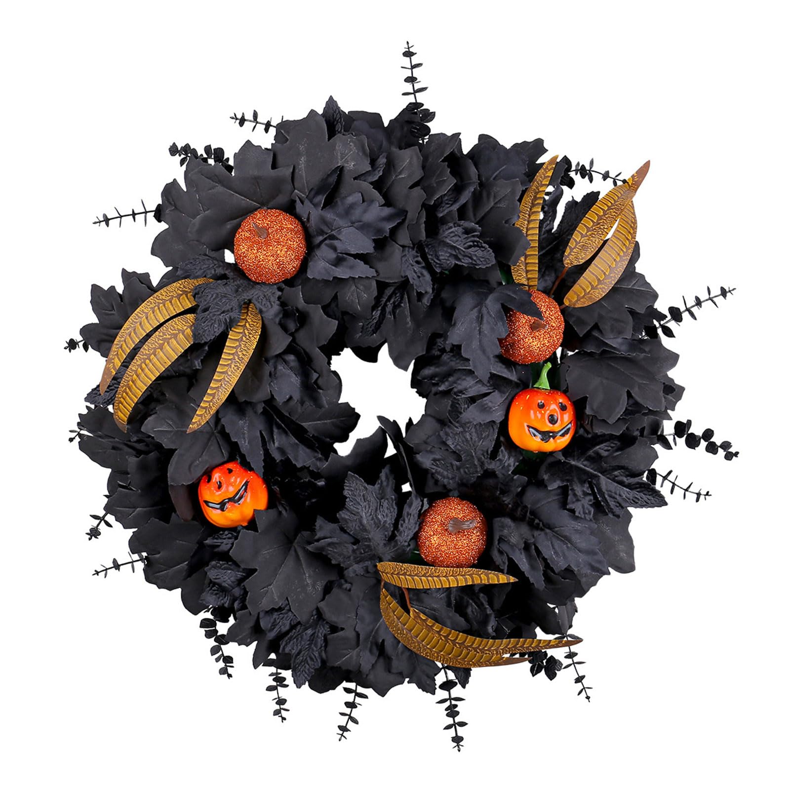3 Haunted Fall Door Decor Black Artificial Maple & Pumpkins Wreath Hanging Ornament for Halloween Practical Weather Resistant Halloween Garlands