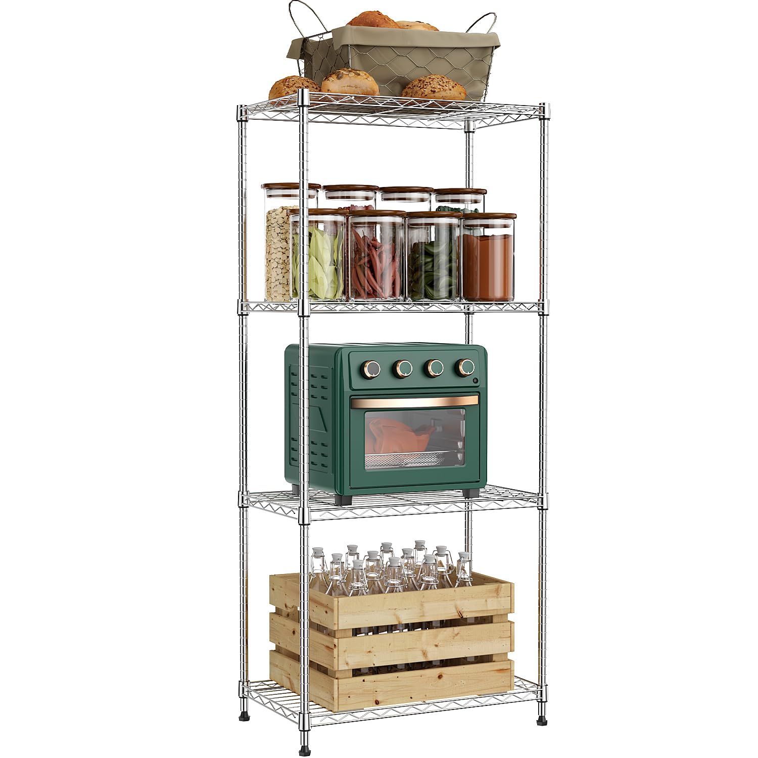 M MZG Storage Shelves 4 Tier Heavy Duty Metal Storage Unit With Height Adjustable Shelves and Levelling Feet 454 kg Load Weight Organizer for Garage, Laundry, Kitchen 35 x 60 x 135.8 cm Chrome