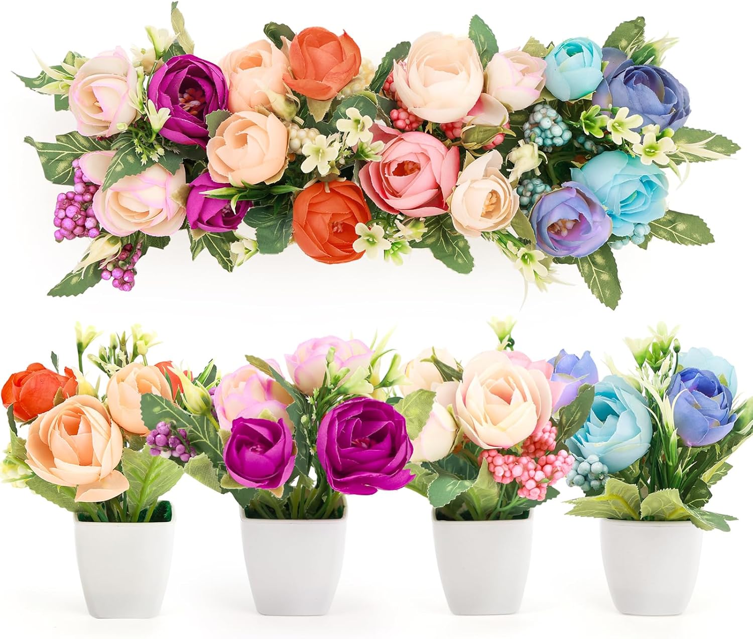 Omldggr 4 Pack Artificial Flowers, Small Fake Potted Rose