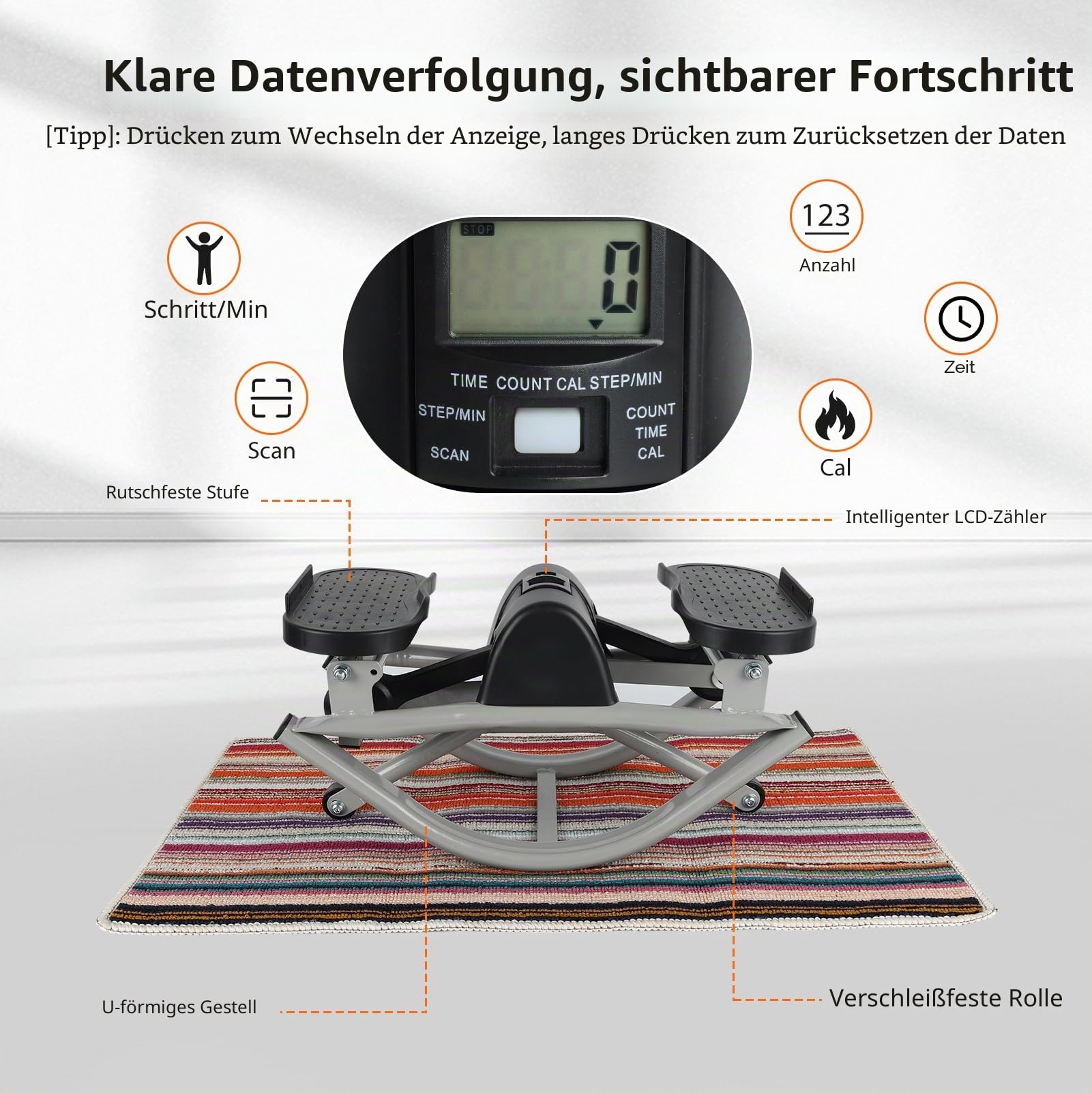 Mini Stepper für Zuhause, 2 in 1 Swing Stepper mit Zähler, Bändern & Matte | Swing Stepper mit Widerstandsbändern und 70×40 cm Antirutschmatte, leises Ganzkörpertraining für Beine, Hüfte, Arme und Rumpf