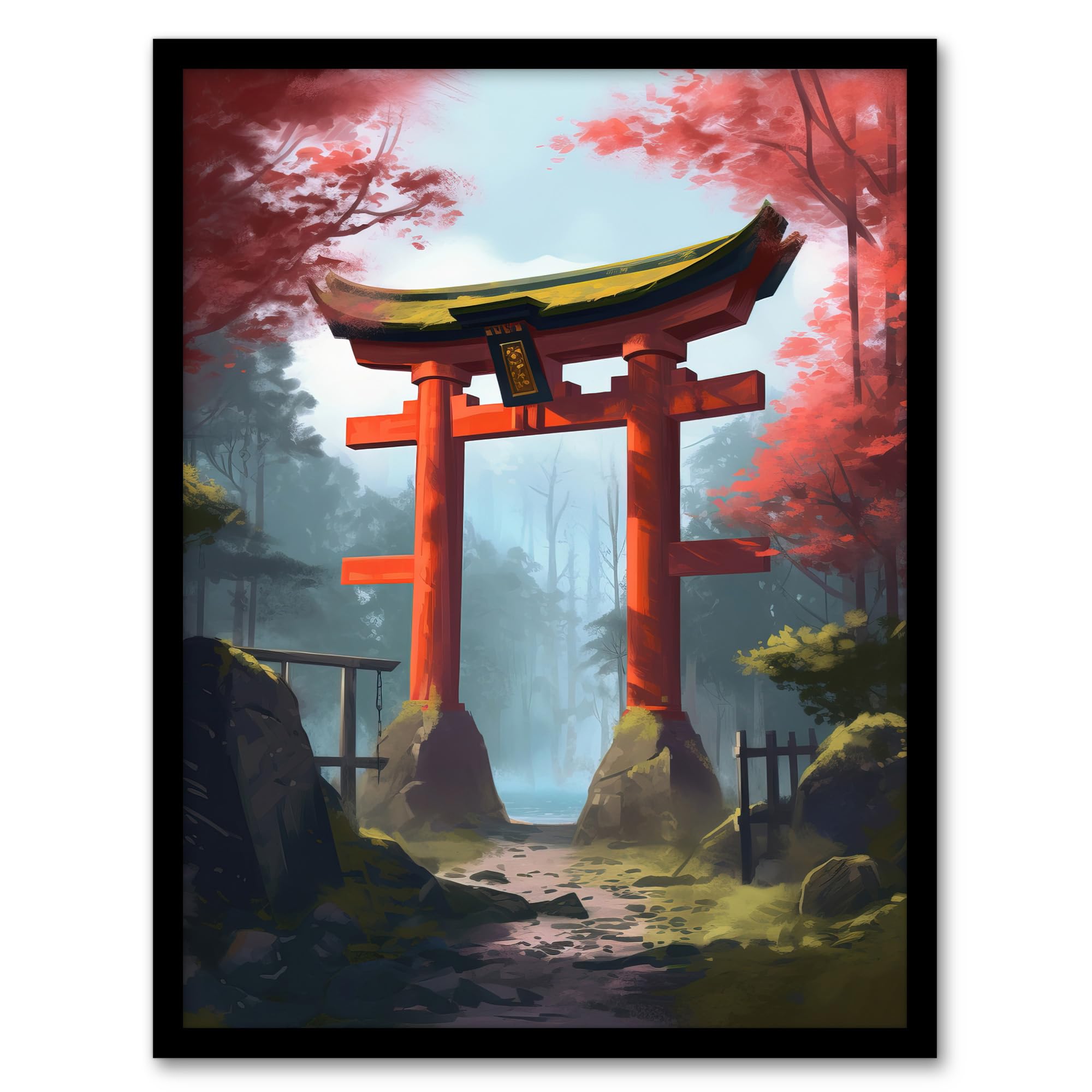 Artery8 Torii Gate Leading to Shinto Shrine in Forest Painting Red Pink Green Blue Tranquil Sacred Grounds Landscape Artwork Framed Wall Art Print 18X24 Inch