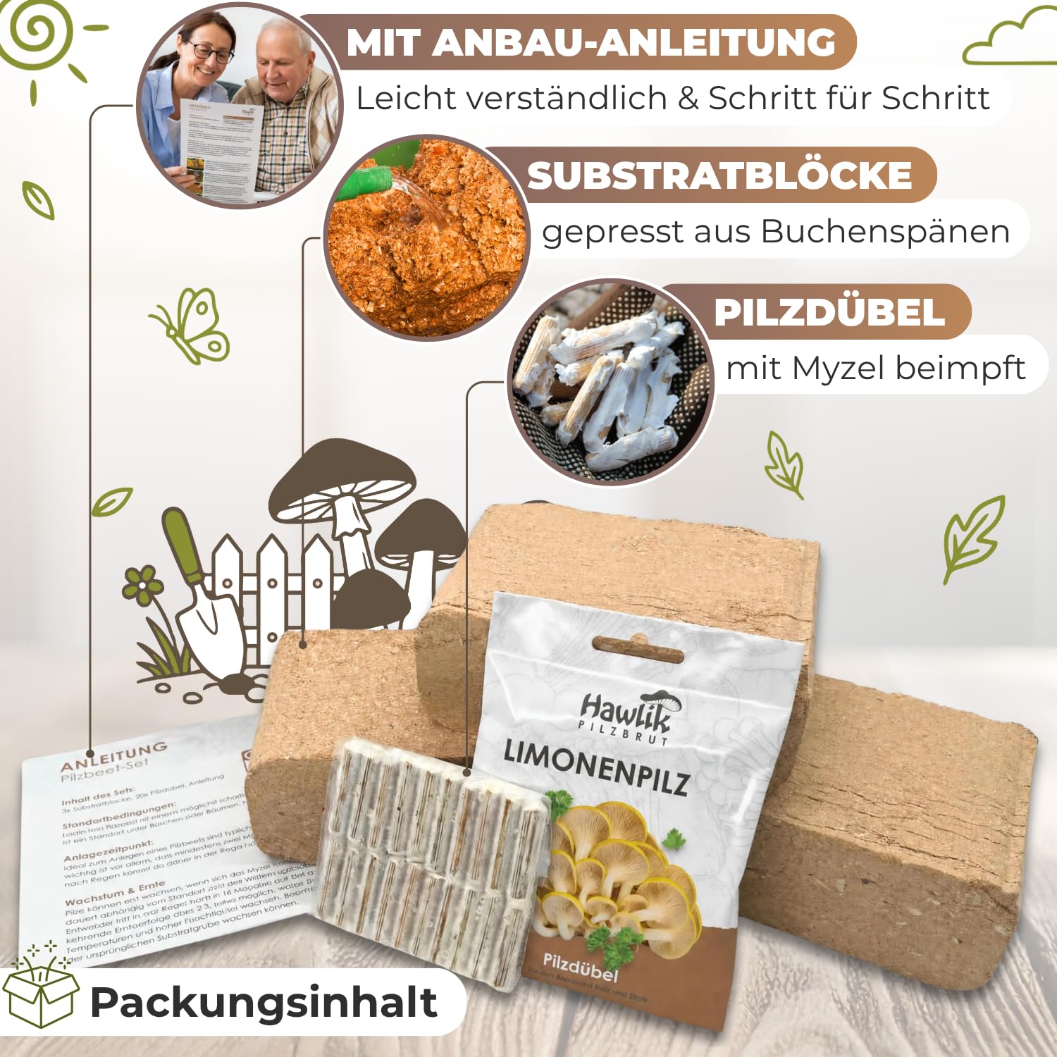 Hawlik Pilzbrut - Kit de culture de champignons de pleurote jaune pour le jardin - Récolte des champignons frais en toute simplicité - Kit Champignon à faire pousser
