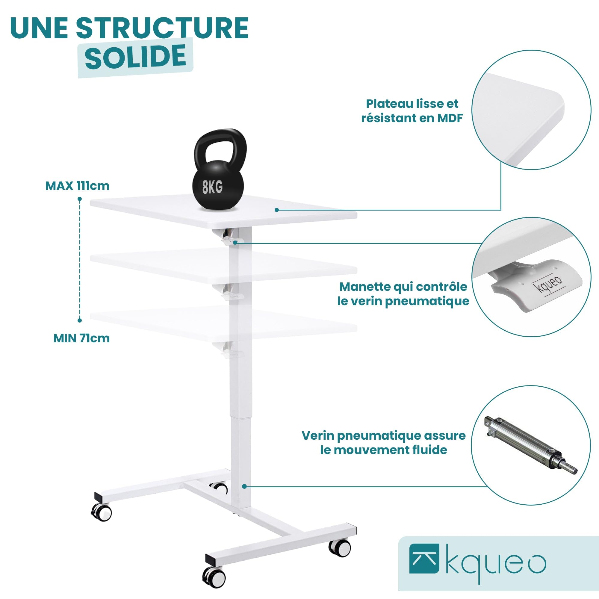Bureau Debout Réglable En Hauteur Avec Roulettes - Système Pneumatique, Plateau 88x50 Cm - Pour Domicile, Bureau, Position Assise-debout - 8