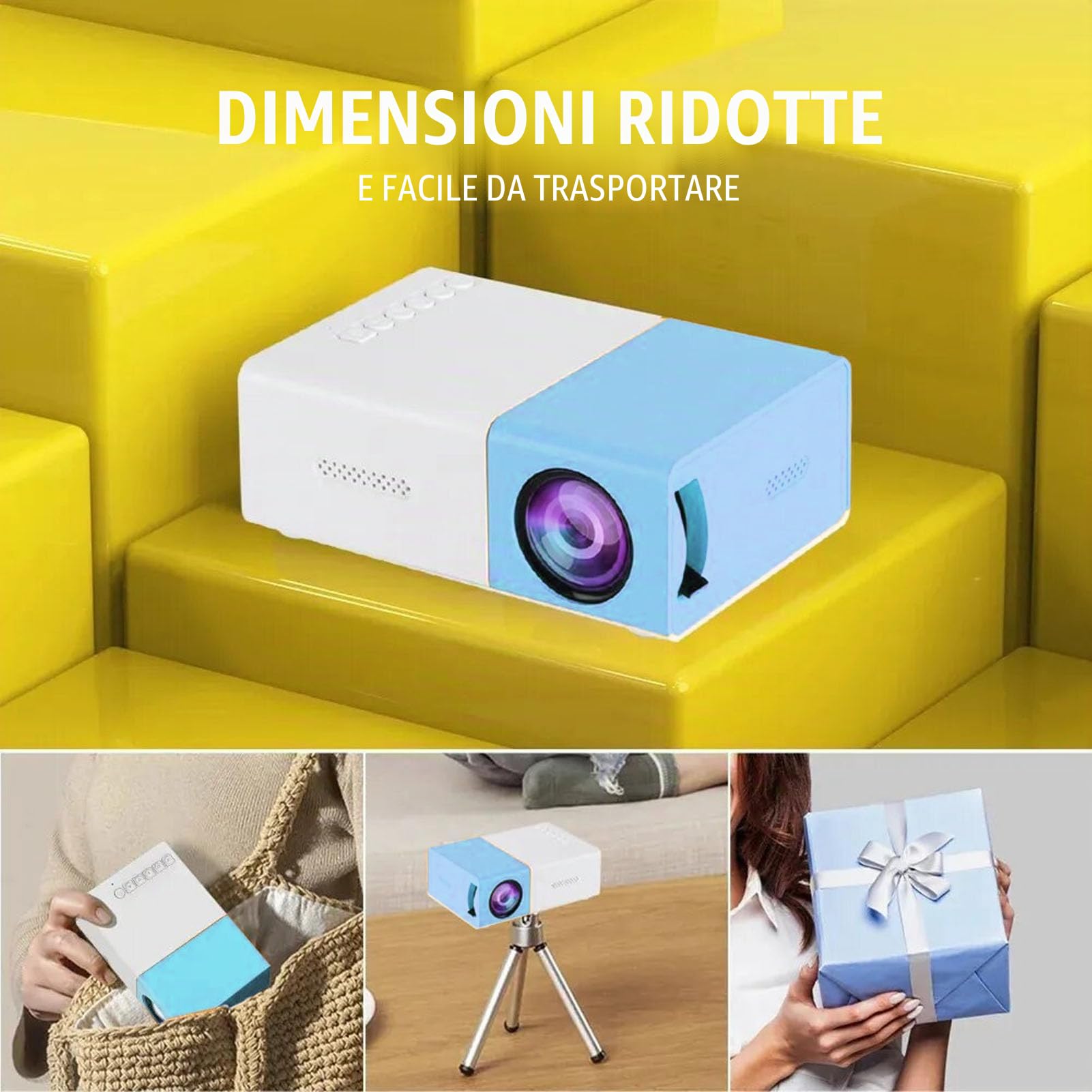 Mini Proiettore, Videoproiettore Portatile da Esterno 1080P Full HD, Proiettore di Film Home Theater per Campeggio Itinerante nel Patio Esterno (Spina europea)