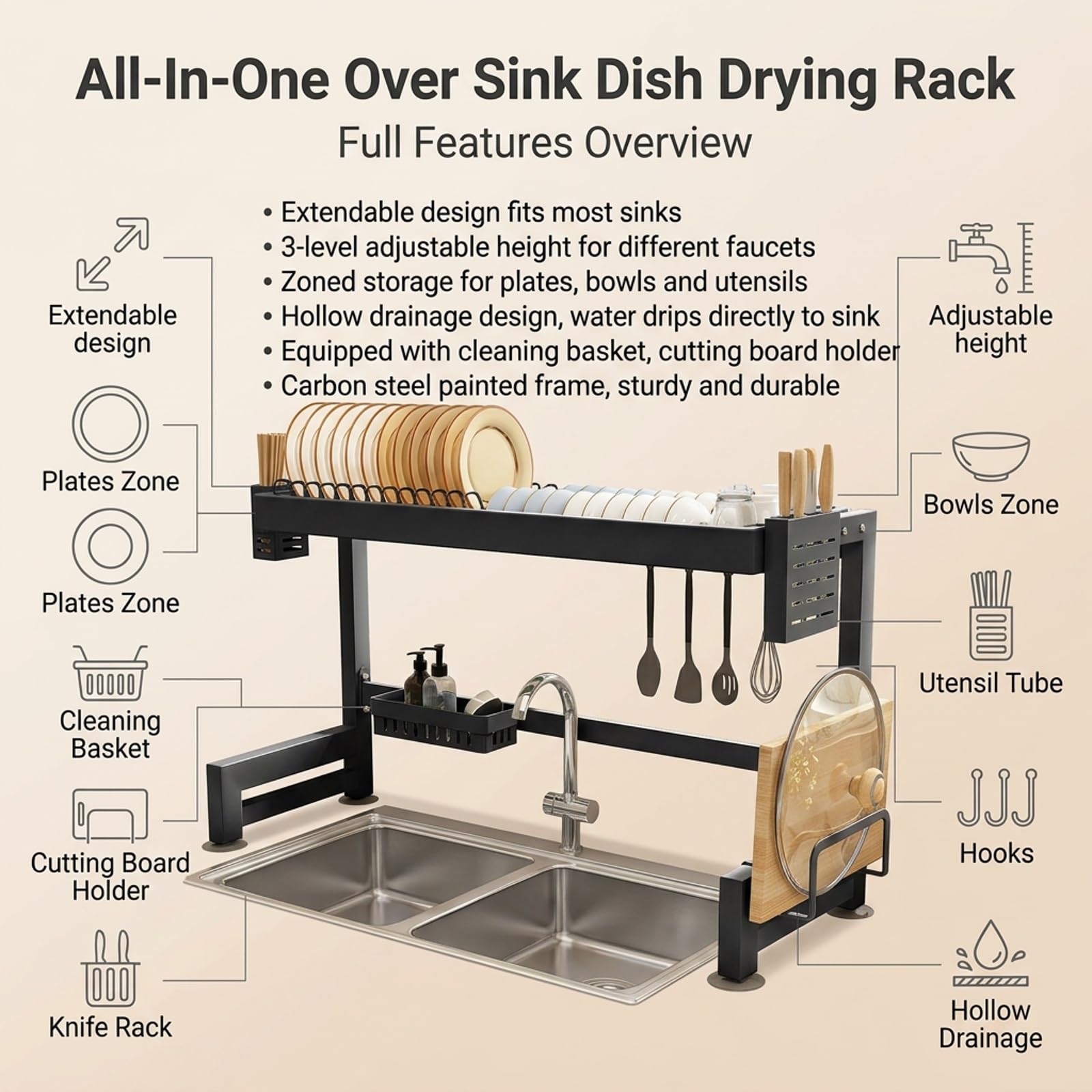 Escurreplatos de Acero sobre Fregadero, Estante Organizador de Cocina | Acero al carbono, Diseño extensible, Ahorro de espacio, Accesorios completos(Wit,105cm/41.3in)