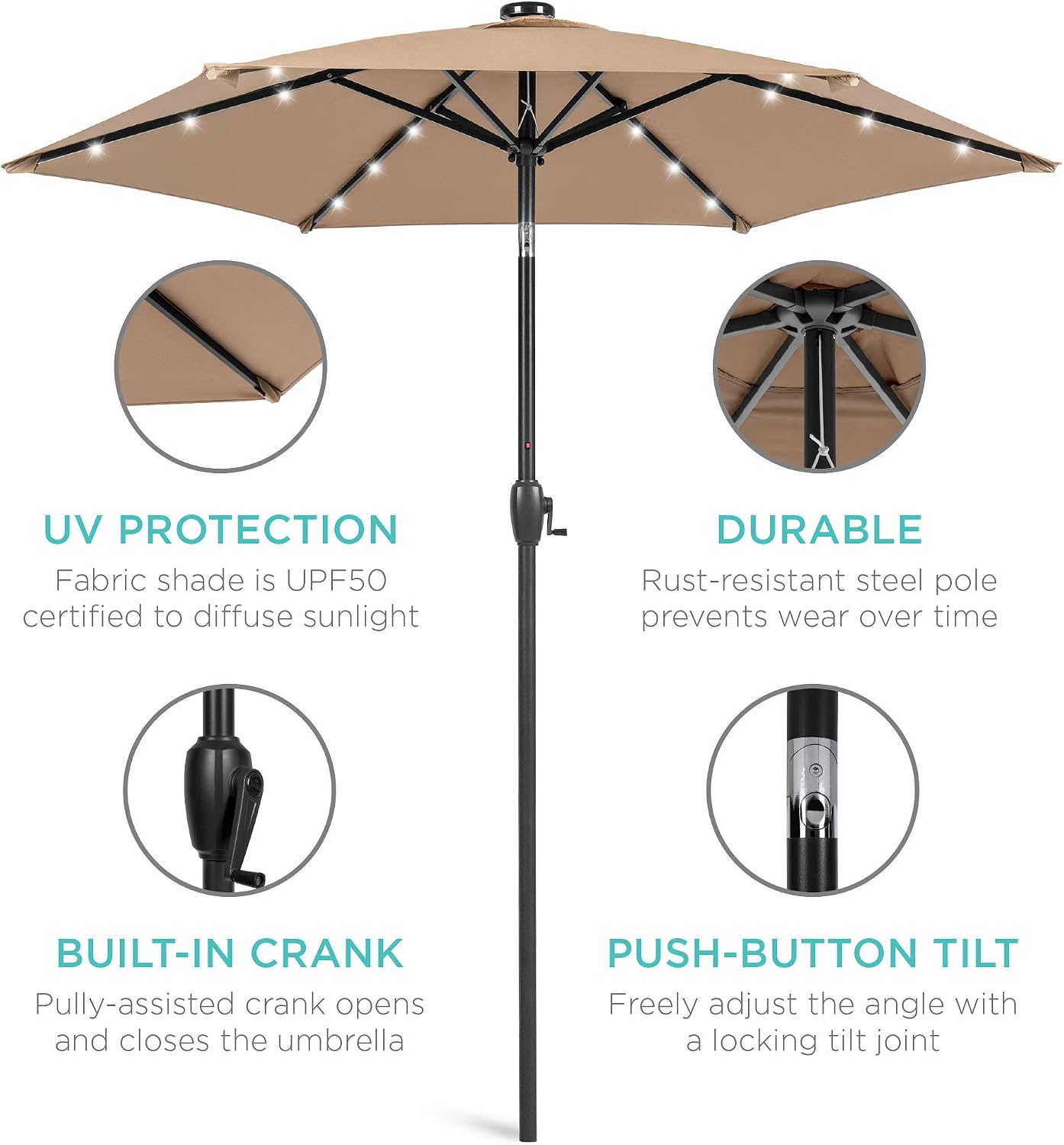 Best Choice Products 7.5ft Solar Umbrella LED Lighted Patio Umbrella, Table Market Umbrella with Tilt and Crank, Outdoor Umbrella for Garden, Deck, Backyard, Pool and Beach - Tan
