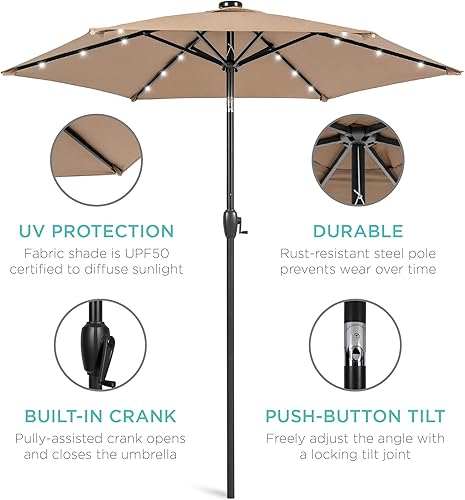 Vista 141 de Best Choice Products - Sombrilla solar de 7.5 pies para exteriores, patio, mesa, mercado, terraza, piscina con inclinación, manivela, luces LED