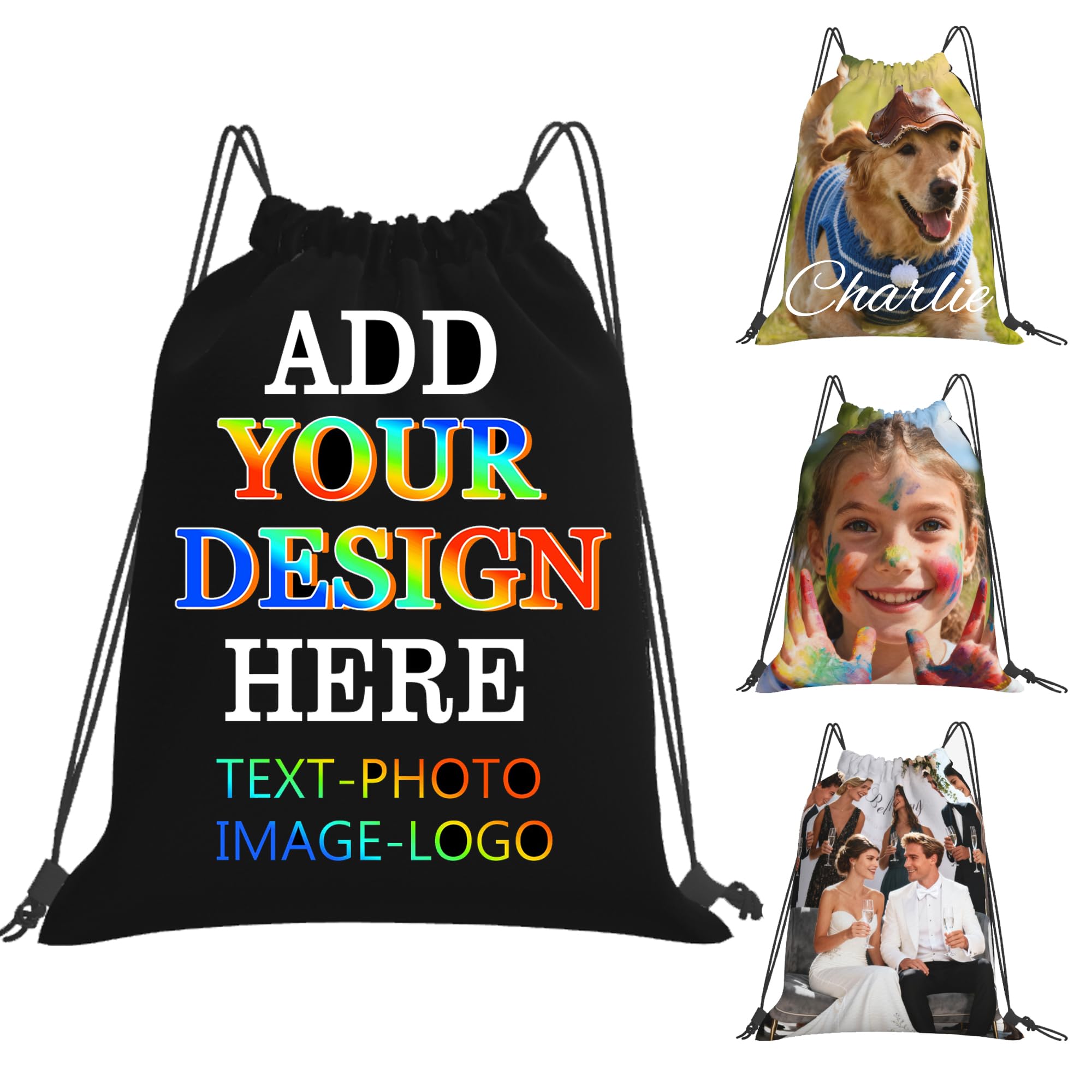 Hierceson Personalised Drawstring Bag with Your Photo, Custom Name Text Drawstring Backpack for Men Women Small Gym Beach Shopping Sport Yoga Bag (01-Photo)