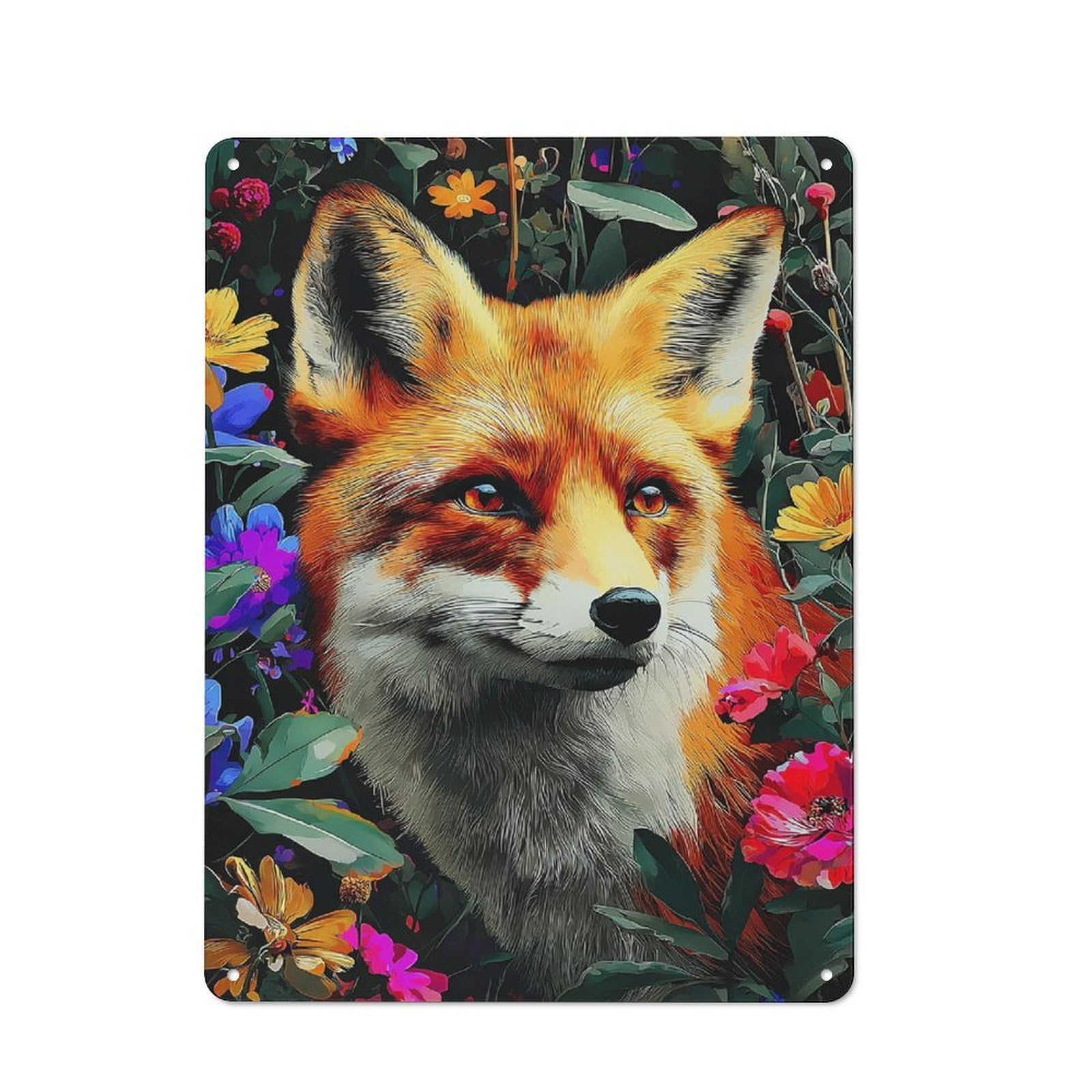 Junmoney Fox In A Garden Of Flowers Modern Retro Metal Wall Decor 40X30cm, Metal Wall Sign For Loft, Studio, Office Or Creative Room