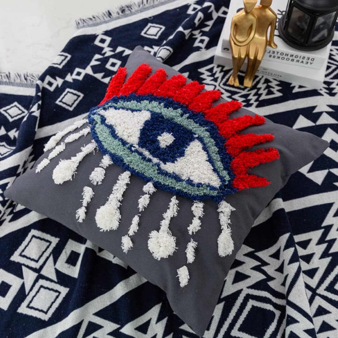 Evil Eye Woven Tufted Throw Pillow Cover,God Tears Cozy Cushion Cover for Bedroom Living Room Couch,Regalo para Navidad,18x18 Inches