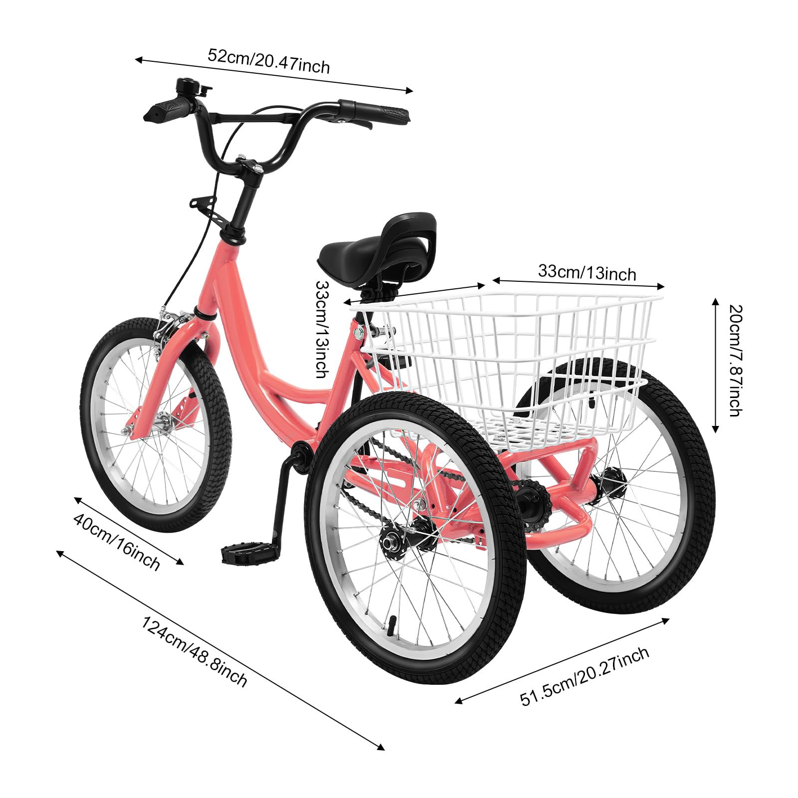 Kinder Dreirad 16 Zoll für 7-10 Jahre – 3-Rad Fahrrad mit großem Korb (33x33x20 cm), verstellbarem Sitz & Lenker, 110 lbs Tragkraft, Klemmbremse, reflektierenden Aufklebern – Hellorange