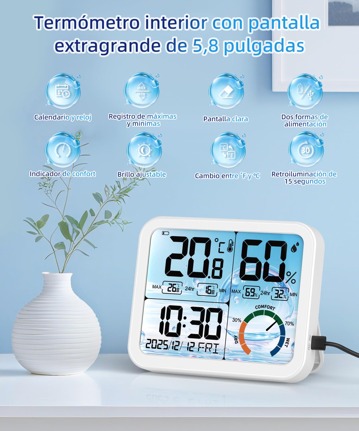 VOCOO Termómetro higrómetro digital interior – 5,8 pulgadas, pantalla extra grande, medidor de humedad preciso, termómetro de habitación con calibración, registros máximos mínimos, comodidad