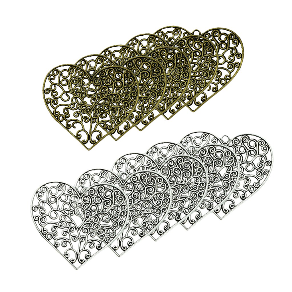non-brand 10 pieces Fashion Jewelry Making Charms Large Size Hollow Filigree Heart Charm Beads Wholesale Supplies Pendant Craft Alloys Necklace Bulk Decoration Supply Findings, Bronze &