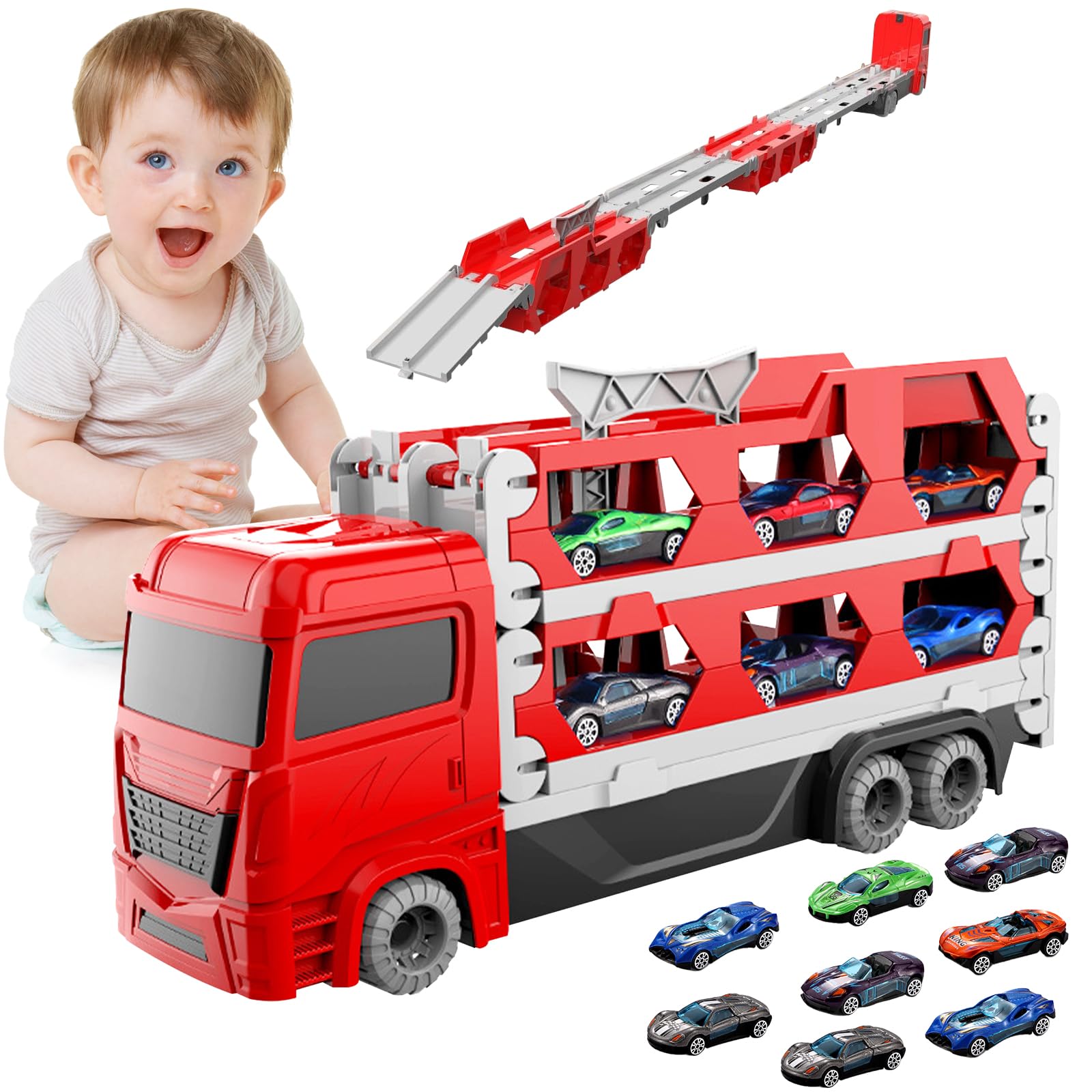 Camion Transporteur Voiture pour garçons de 3,4,5,6 Ans,Camion De Transporteur Piste De Course Éjectable Camion Jouet Voiture avec 9 Petite Voiture,pour Les Enfants Amateurs de Voitures