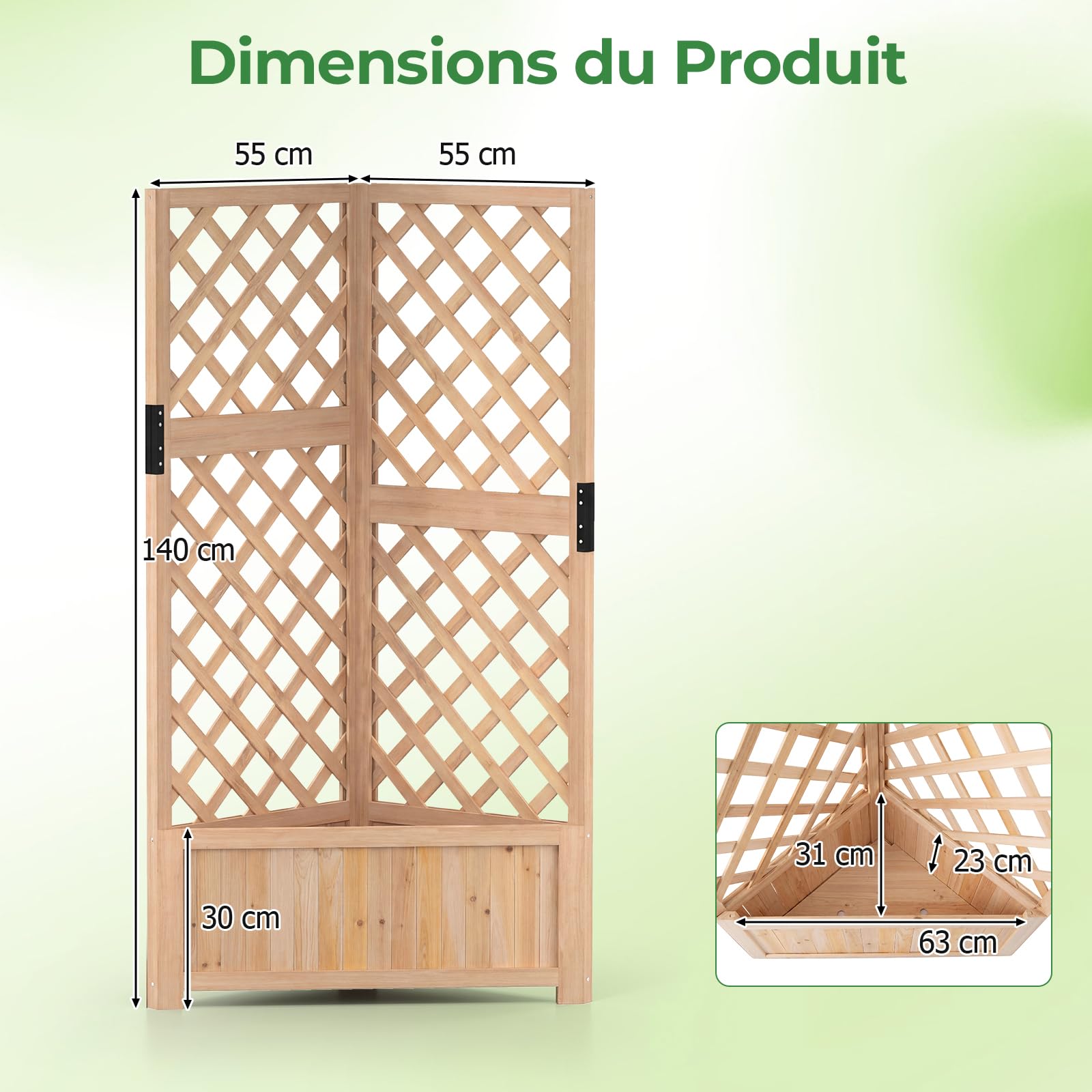 GOPLUS Jardinieres Exterieur avec Treillis en Bois, Jardinière d’Angle en Treillis Surélevée, Trous de Drainage, Bac à Fleurs, Plantes, 55x55x140 CM Idéal pour Balcon, Terrasse, Patio (Naturel)