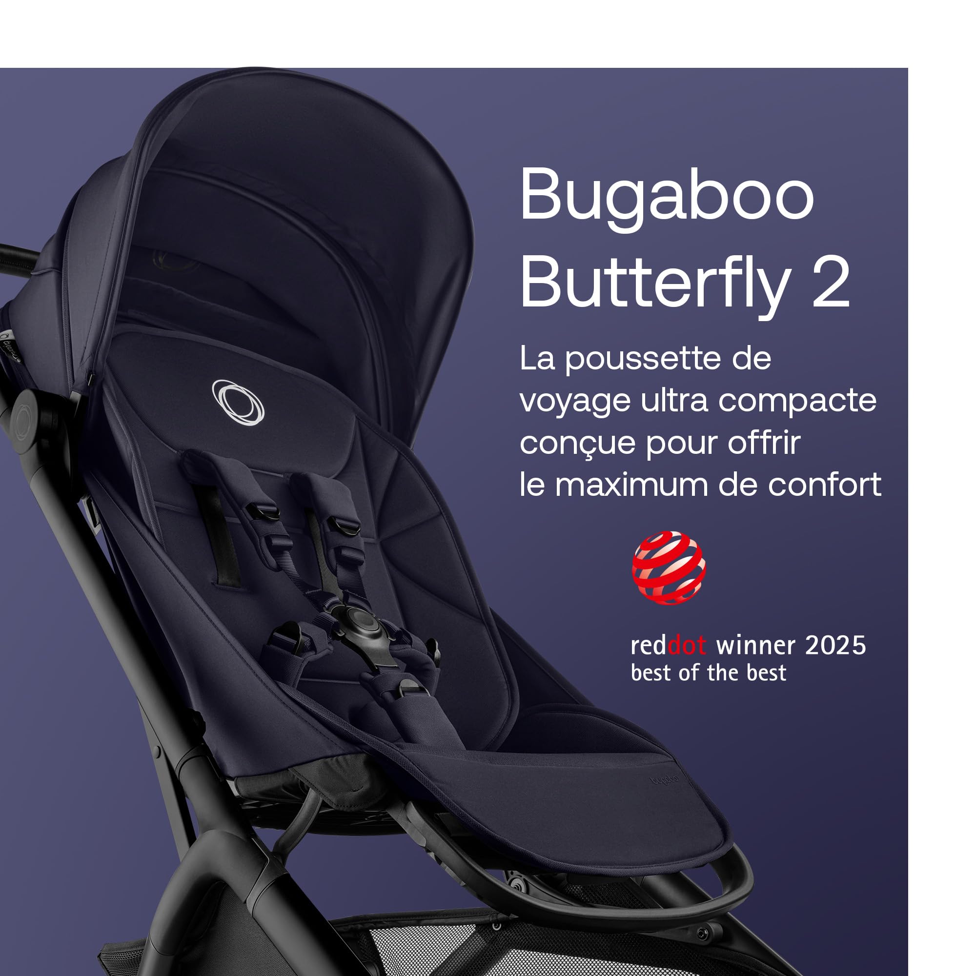 Bugaboo Butterfly 2 Poussette de voyage – Systèmes modulaires avec poignée et housse de pluie – Léger, pliable avec une main, assise inclinable, de 6 mois à 4 ans – Deep Indigo