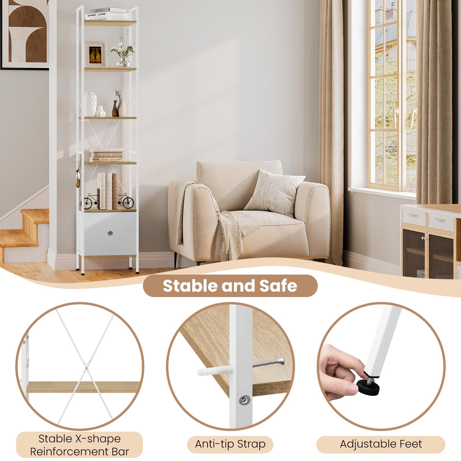 WOLTU Standregal mit 5 Ebenen, Bücherregal mit Schublade, stehendes Regal mit Metallrahmen, für Wohnzimmer Arbeitszimmer Homeoffice Schlafzimmer, modern, Helle Eiche + Weiß, RGB63whe