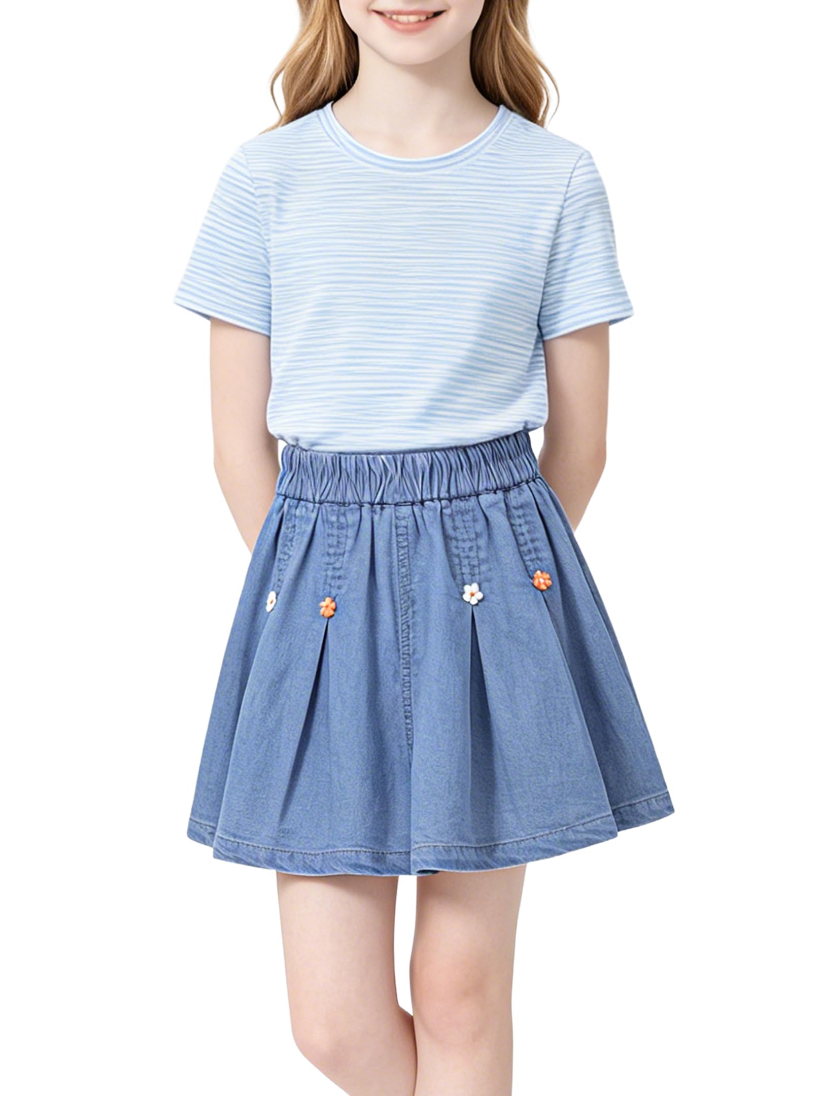 Glorycat Girls' Shorts Girls Skort Toddler A-Line Skirt Elastic Waist Daisy Flower Denim Flowy Culottes Summer Casual Girl Skirts 4-5Y