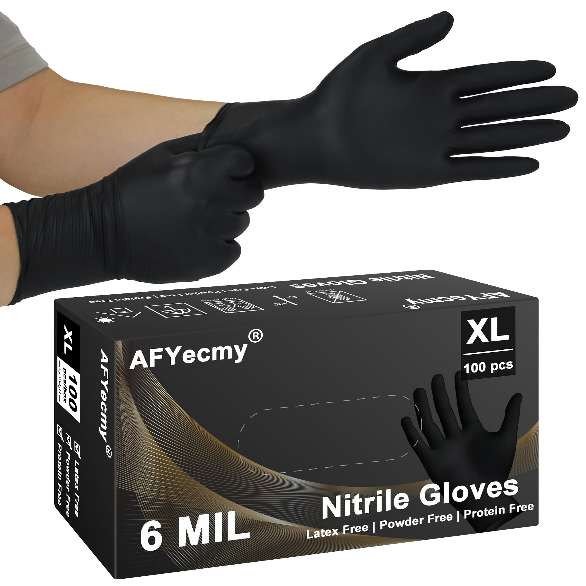 AFYecmy Disposable Nitrile Gloves, Chemical Resistant, Powder and Latex Free, Food Safe, Black Heavy Duty Gloves, 6 Mil, 100 Count, X-Large