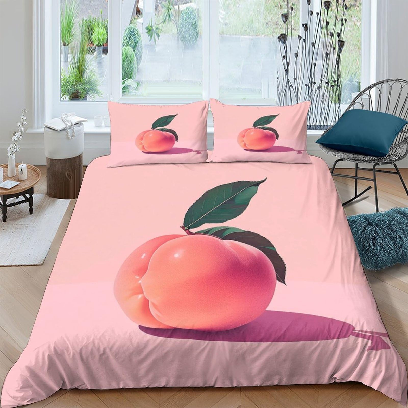 GPLZQXKJNH 3D Printed Peach Fruit Duvet Cover Microfiber Soft Breathable Pink Bedding Set with 2 Pillowcases for Bedroom Decor Single（135x200cm）
