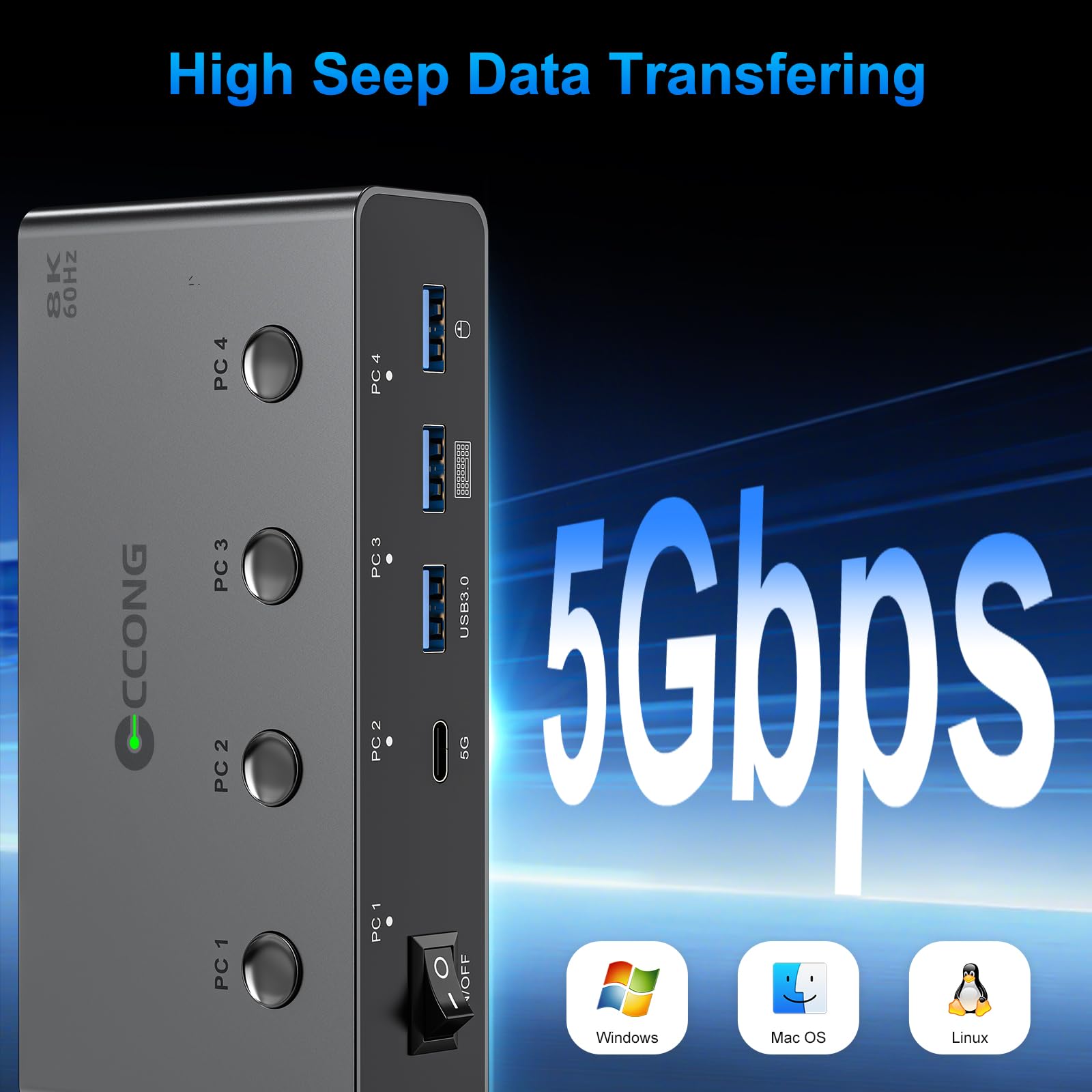 Przełącznik KVM 5G USB3.0 HDMI 8K przy 60 Hz do 4 komputerów, udostępnianie 1 monitora, przełącznik KVM 4 porty z 3 portami USB 3.0 + 1 portami USB-C do udostępniania myszy klawiatury, obsługa