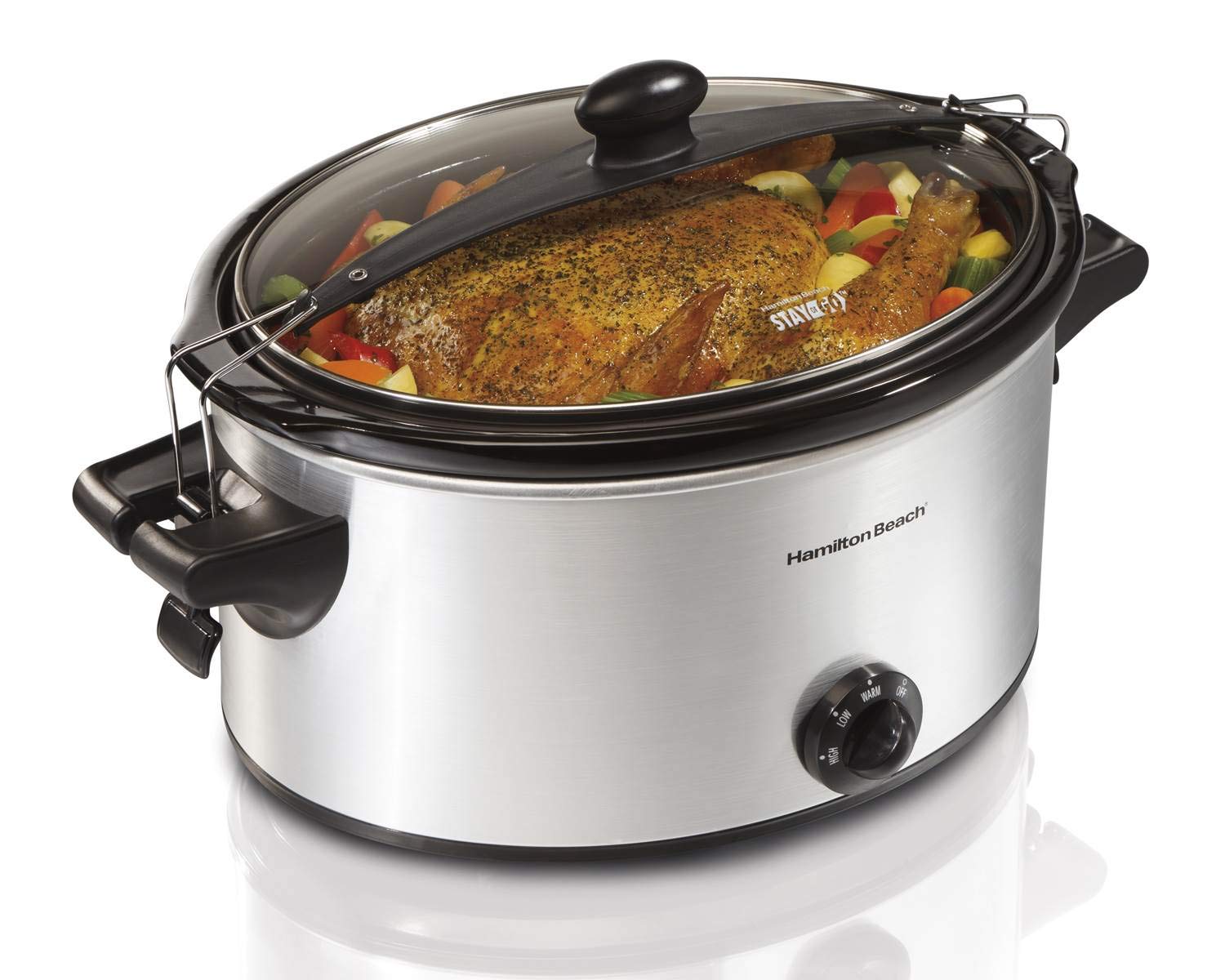 Hamilton Beach Stay or Go Portable 6-Quart Slow Cooker With Lid Lock Dishwasher-Safe Crock Silver 33262