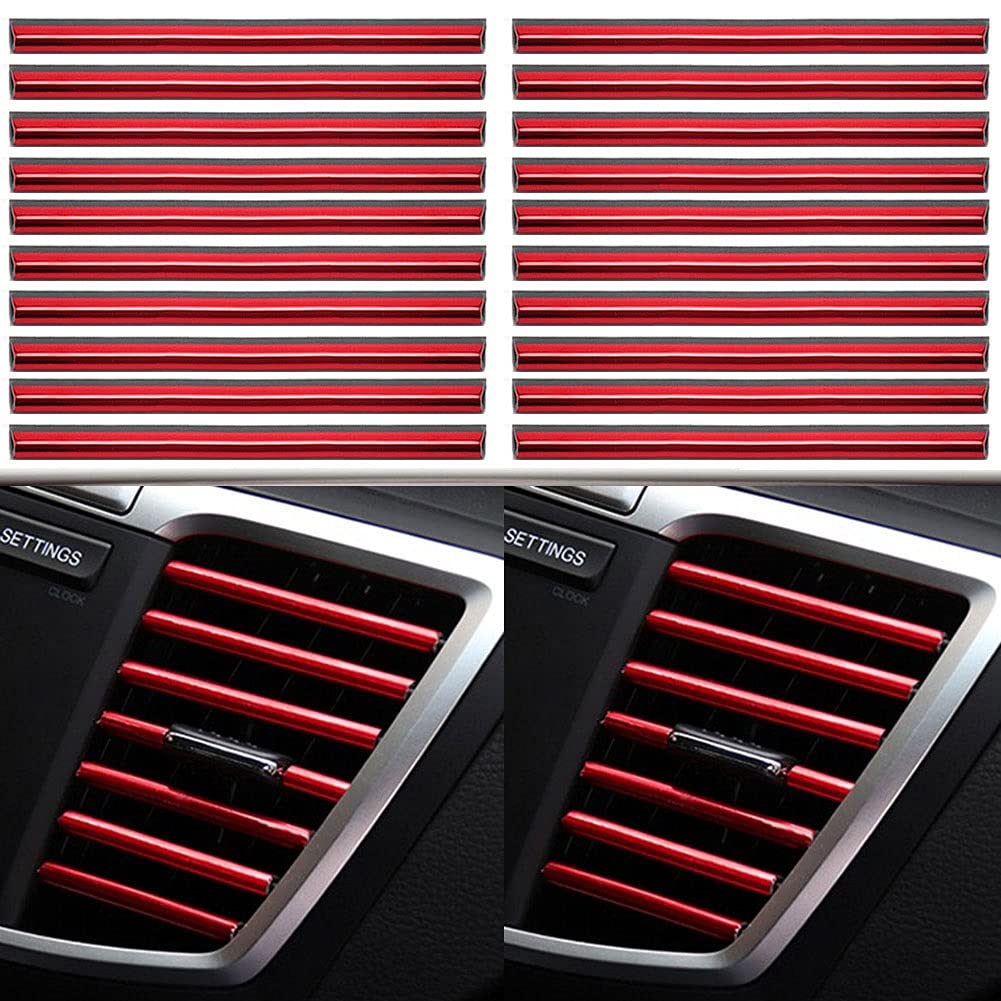 20PCS Chrome Car Air Conditioner Strip Vent Outlet Trim Decoration Strip, DIY Decoration PVC U-Shape Auto Interior Moulding Trim Strip Line, Car Shiny Accessories, Red