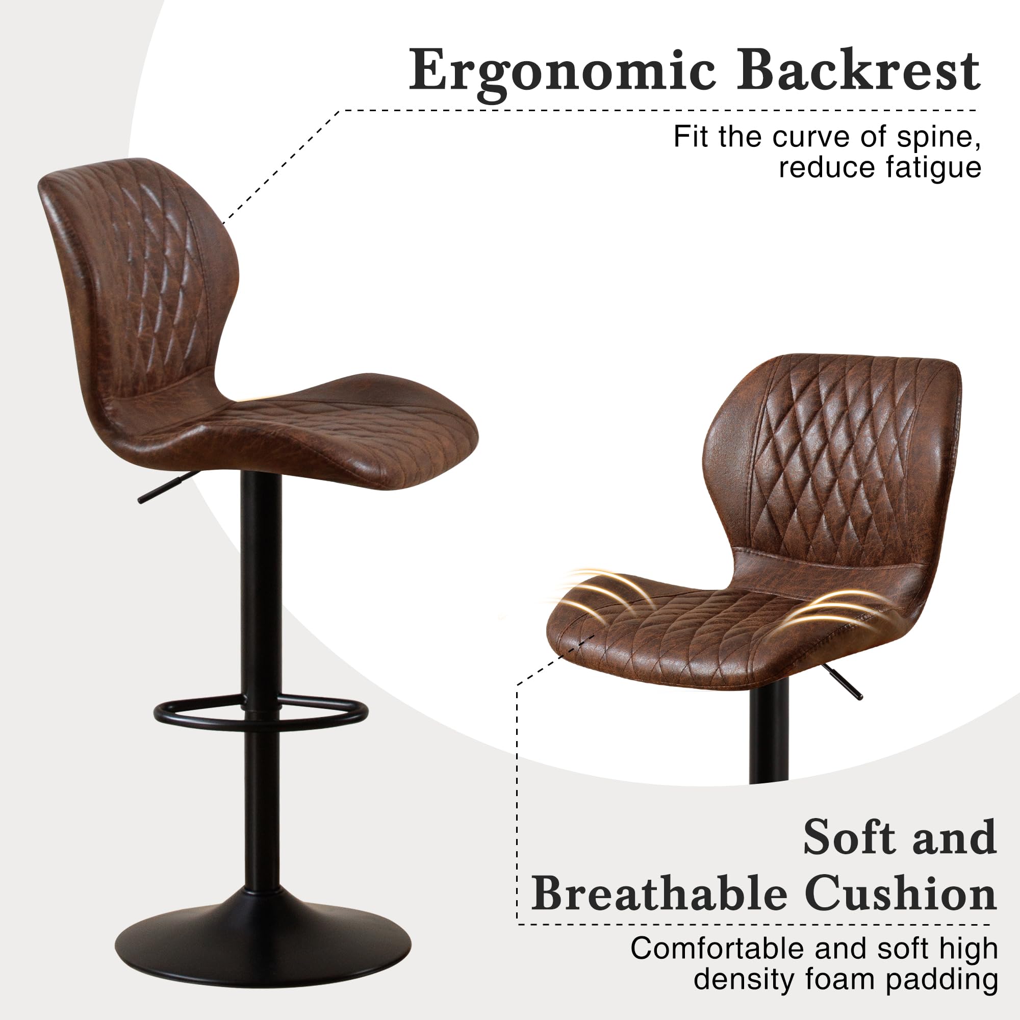 Barhocker,Bar Stühle mit Lehne, 360°Drehstuhl Küchenstuhl, Höhenverstellbar, PU-Kunstleder, für Esszimmer Heimbar Kücheninsel (Brown, 1 PCS)