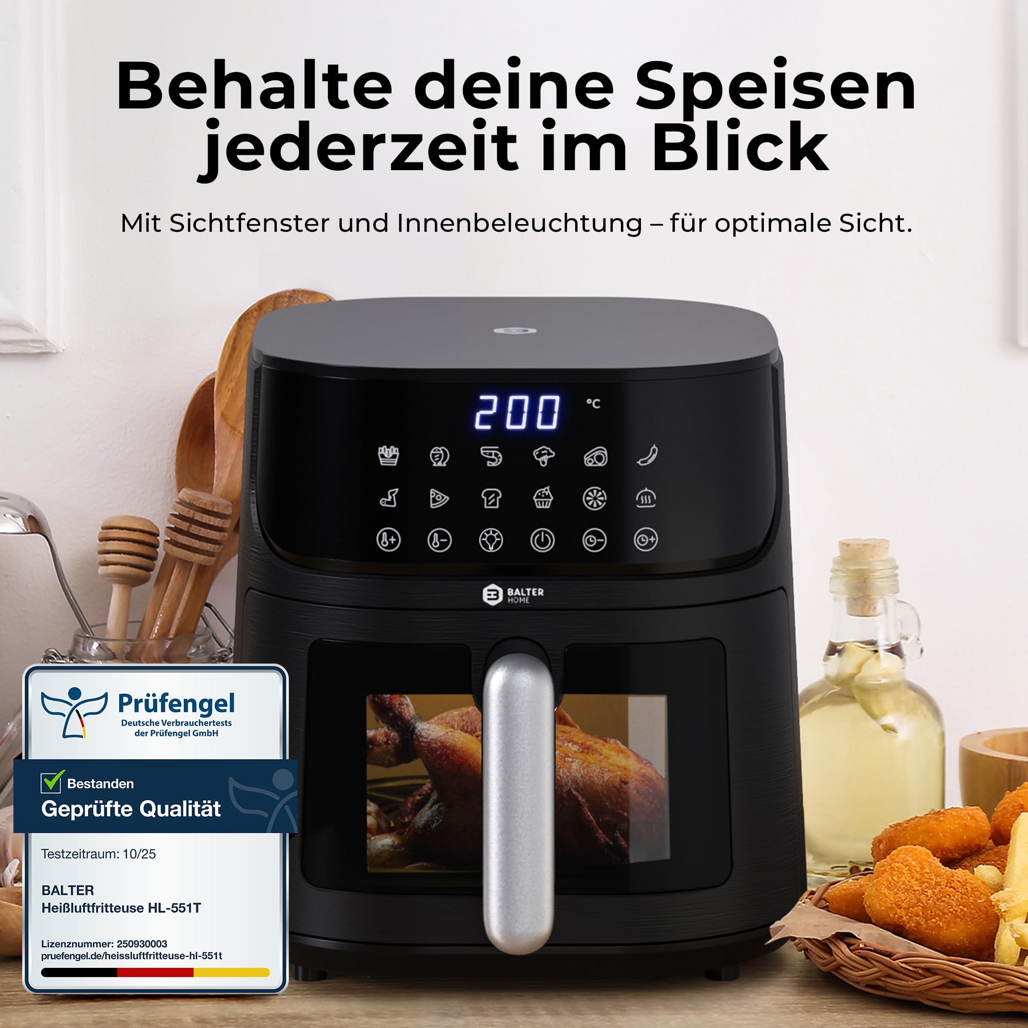 Balter Heißluftfritteuse Airfryer, 5,5 L, Friteuse Heissluftfritteuse XXL mit Sichtfenster, 12 Programme, all-in-1 Air Fryer, inkl. 100 Rezepte, HL-551T