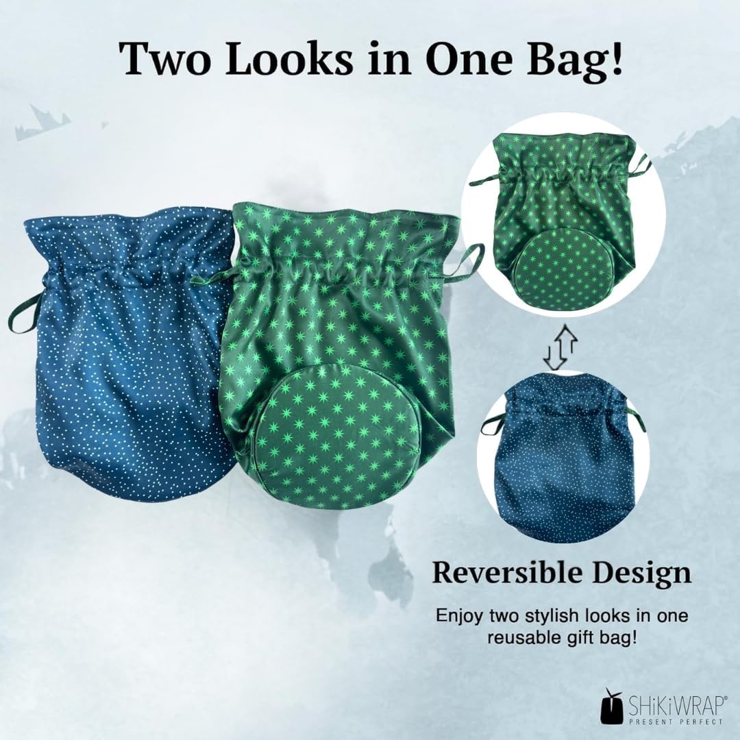SHIKIWRAP 2-in-1 Reversible Fabric Gift Bag - Reusable Wrapping Cloth Bag with Drawstrings for Small and Medium-Sized Birthday Gifts, & Special Occasions (Stars and Snow, Pack of 2)