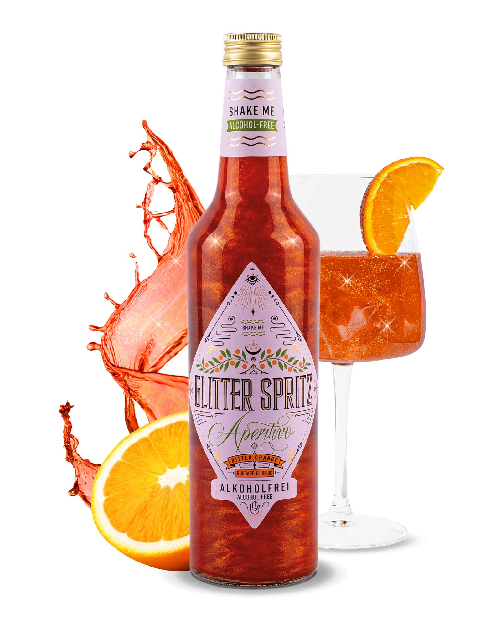 GLITTER SPRITZ by Bill Kaulitz - Alkoholfrei - Das Original - Alkoholfreier Aperitivo Glitzer Cocktail mit Bitter Orange, Rhabarber & Kräutern für Glitzer Drinks - Spritz zum Feiern (1 x 0,7L)