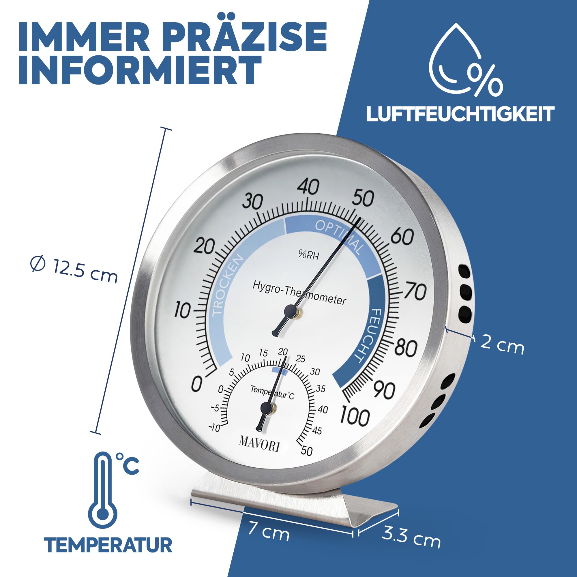 2in1 Hygrometer innen analog und Thermometer analog innen aus Edelstahl - Thermometer Hygrometer analog - Temperatur und Luftfeuchtigkeitsmesser innen für ein gesundes Raumklima - Ø 12,5cm