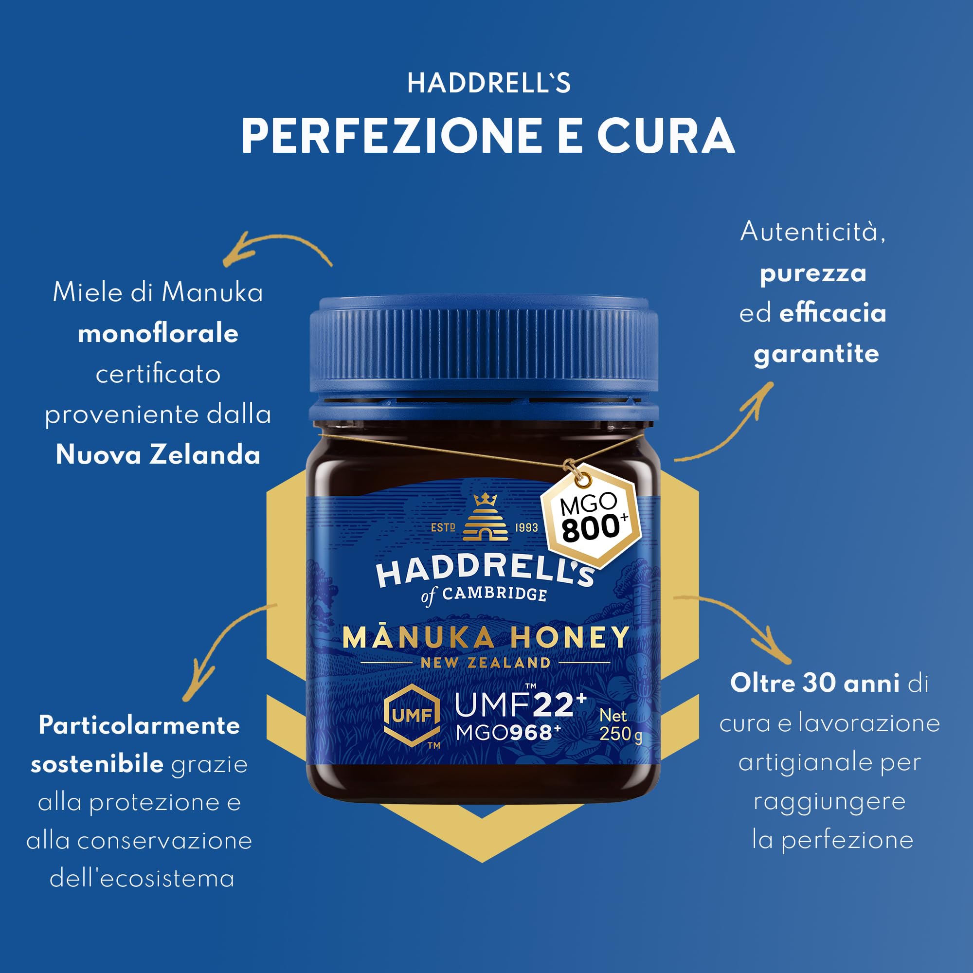 Haddrell's of Cambridge Miele di Manuka MGO 1000 circa (UMF 22+) 250g – Miele premium dalla Nuova Zelanda – Certificato, grezzo e sostenibile – Ricco di metilgliossale con alto contenuto di MGO